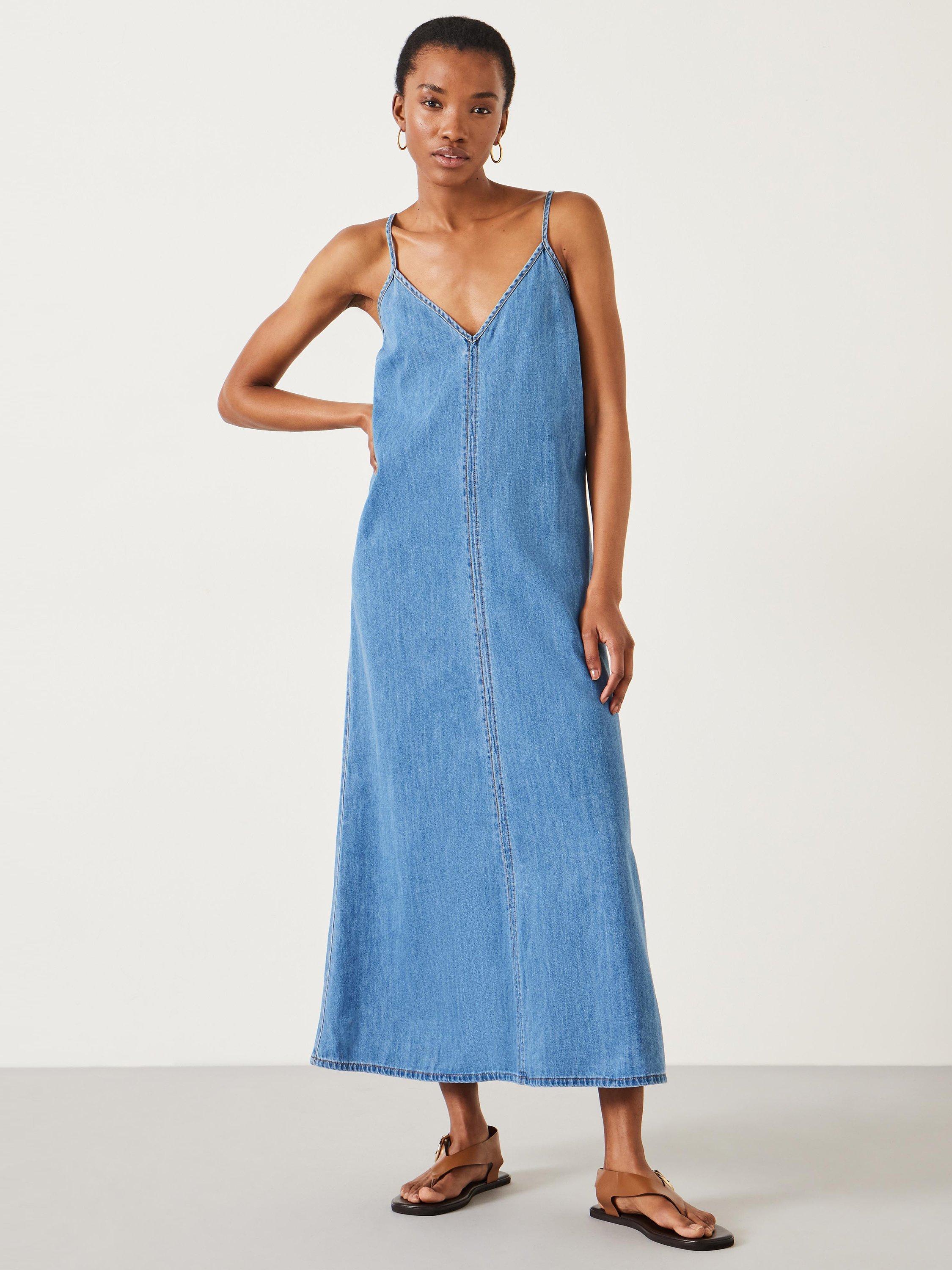 HUSH Saskia Denim Slip Maxi Dress, Light Blue, 10