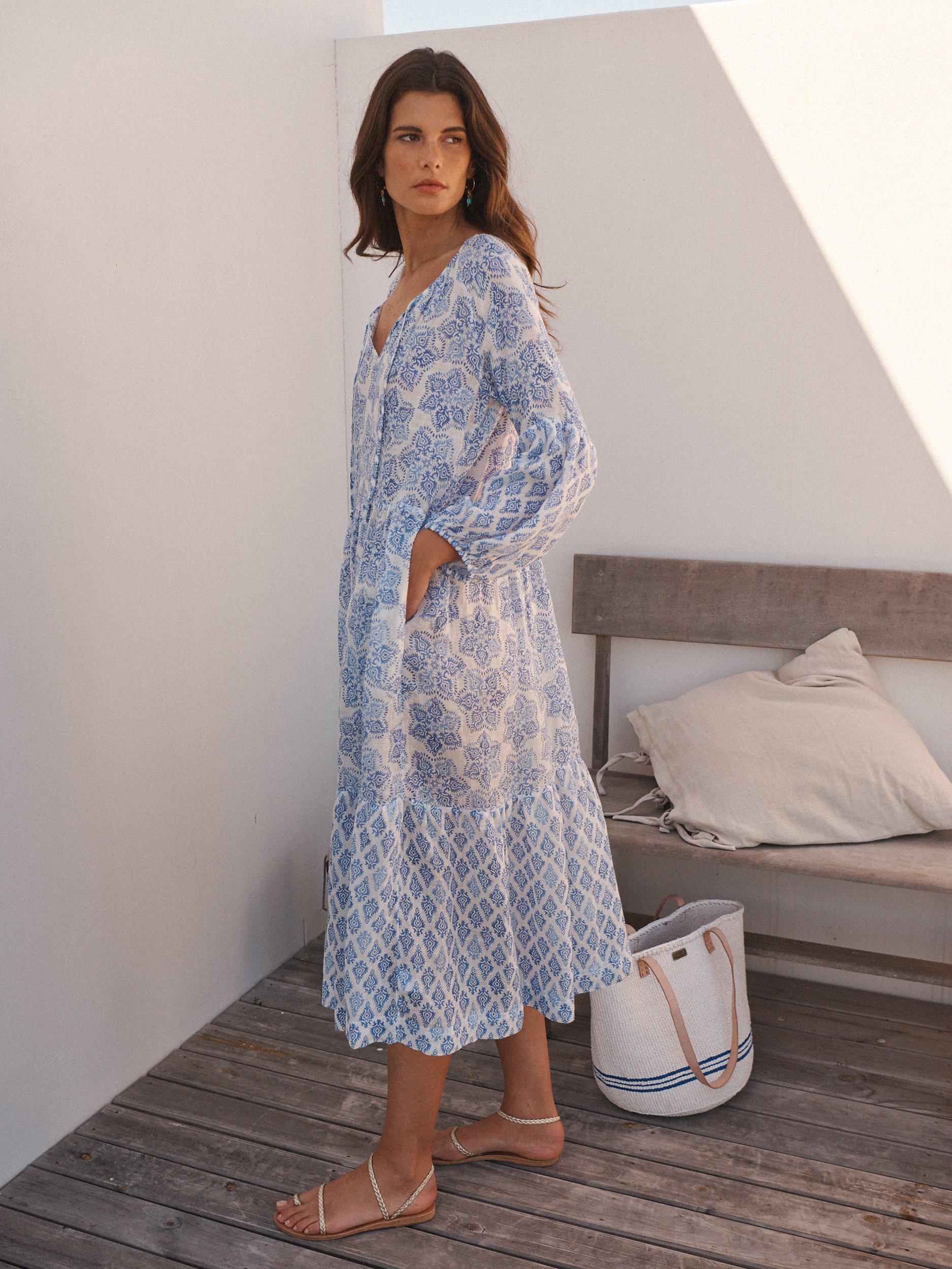 Product image 2 of 10, which shows NRBY Iris Floral Linen Gauze Maxi Dress, Blue/White, XS