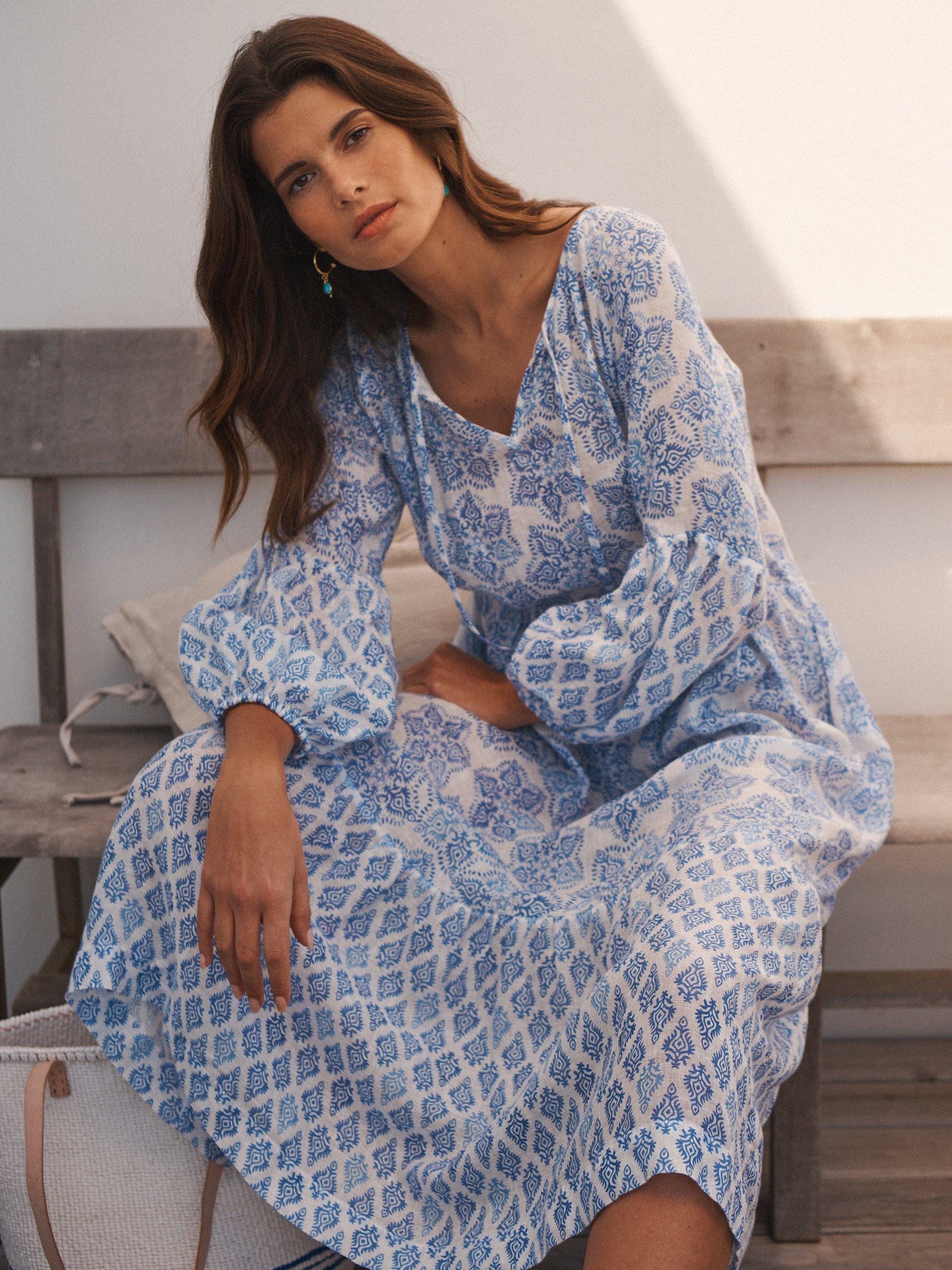 Product image 3 of 10, which shows NRBY Iris Floral Linen Gauze Maxi Dress, Blue/White, XS