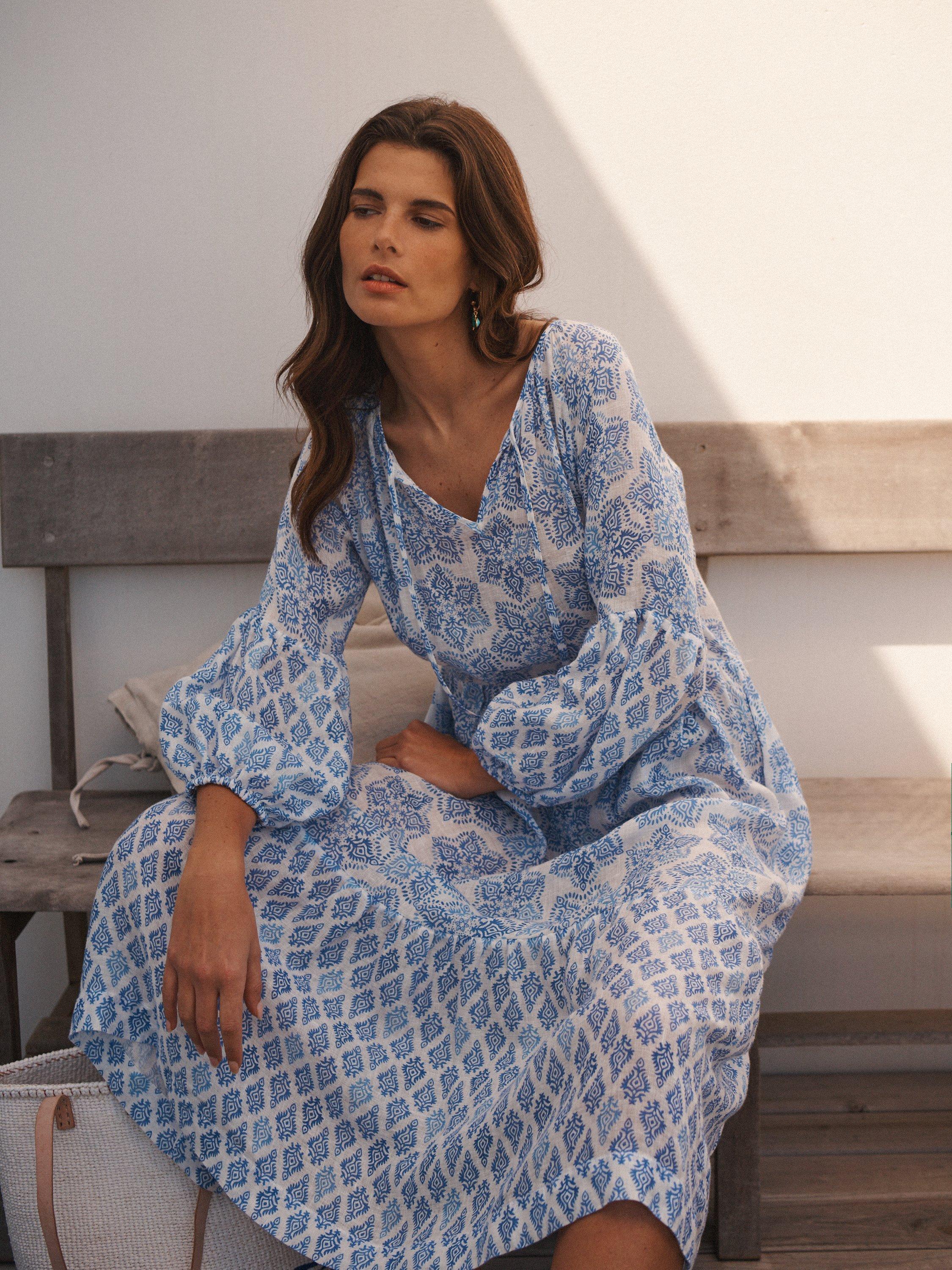 Product image 4 of 10, which shows NRBY Iris Floral Linen Gauze Maxi Dress, Blue/White, XS