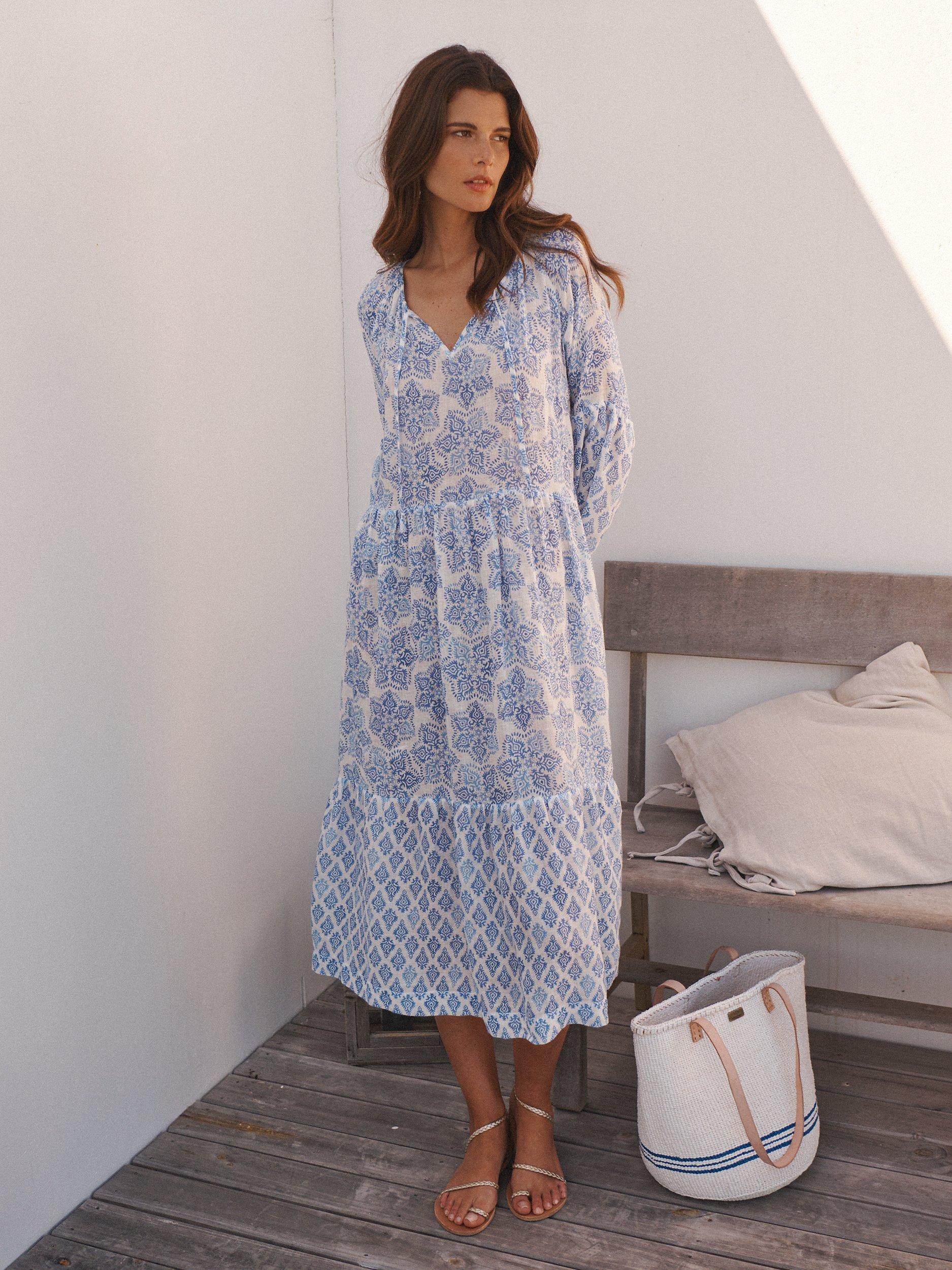 Product image 5 of 10, which shows NRBY Iris Floral Linen Gauze Maxi Dress, Blue/White, XS