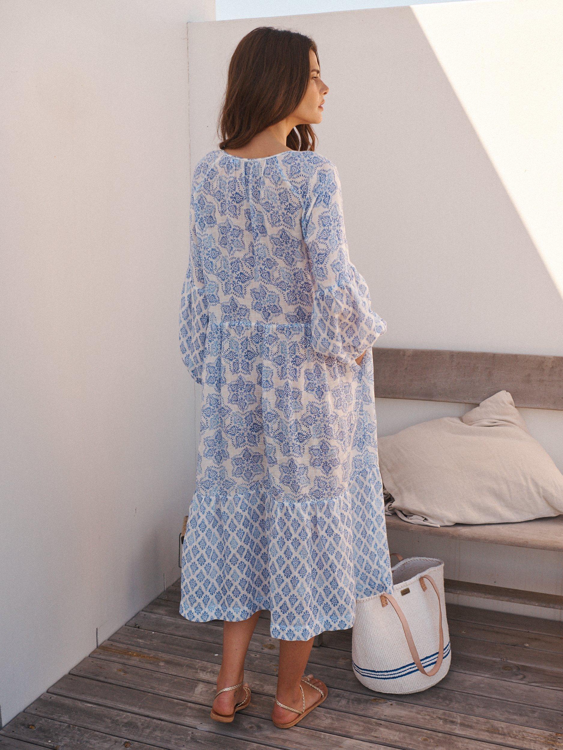 Product image 8 of 10, which shows NRBY Iris Floral Linen Gauze Maxi Dress, Blue/White, XS