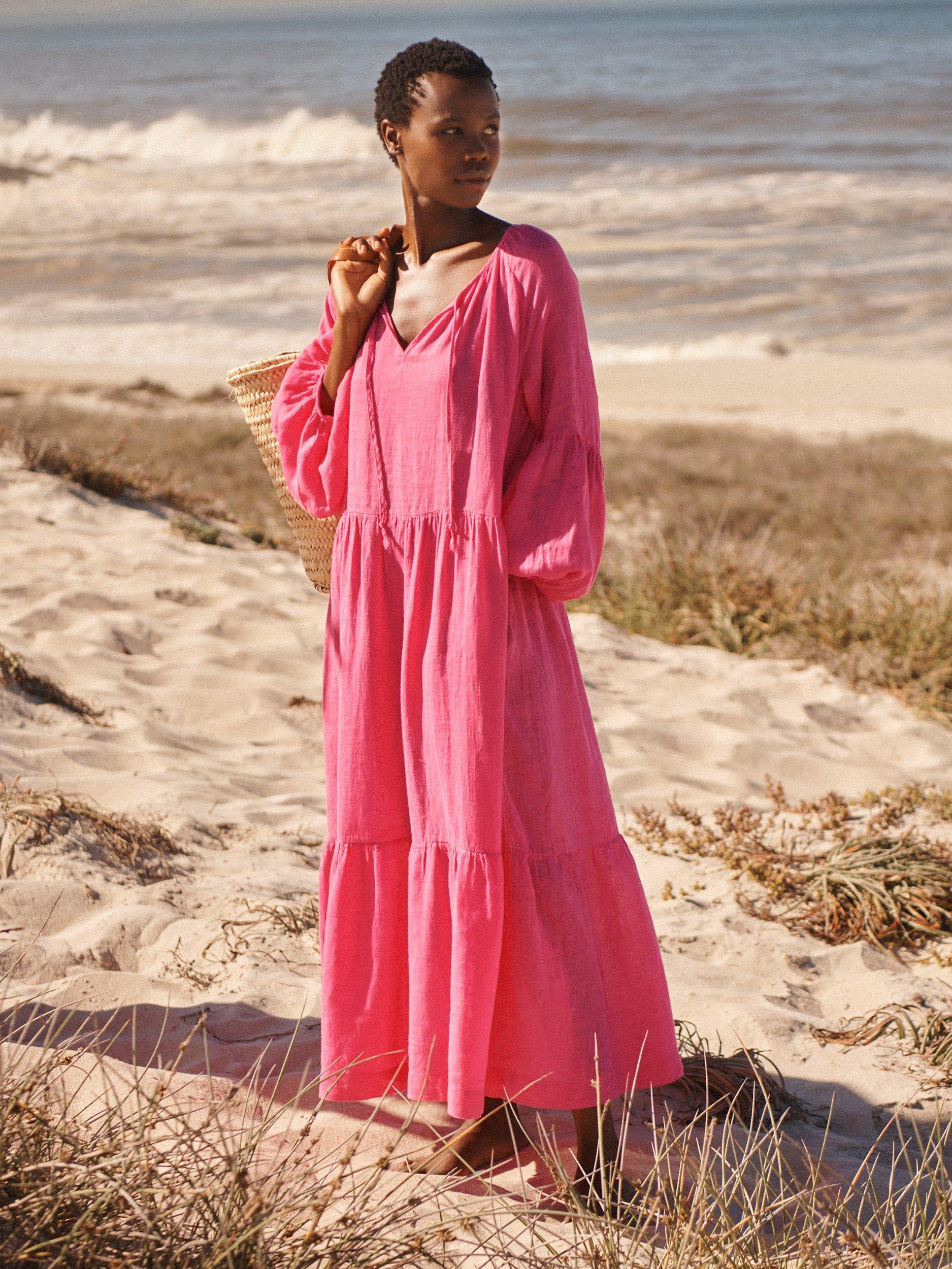 NRBY Iris Linen Gauze Tiered Maxi Dress Bright Pink