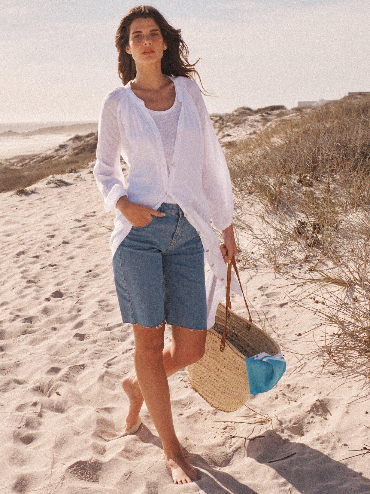 Product image 4 of 7, which shows NRBY Mira Gauze Linen Button Down Midi Dress, White, S