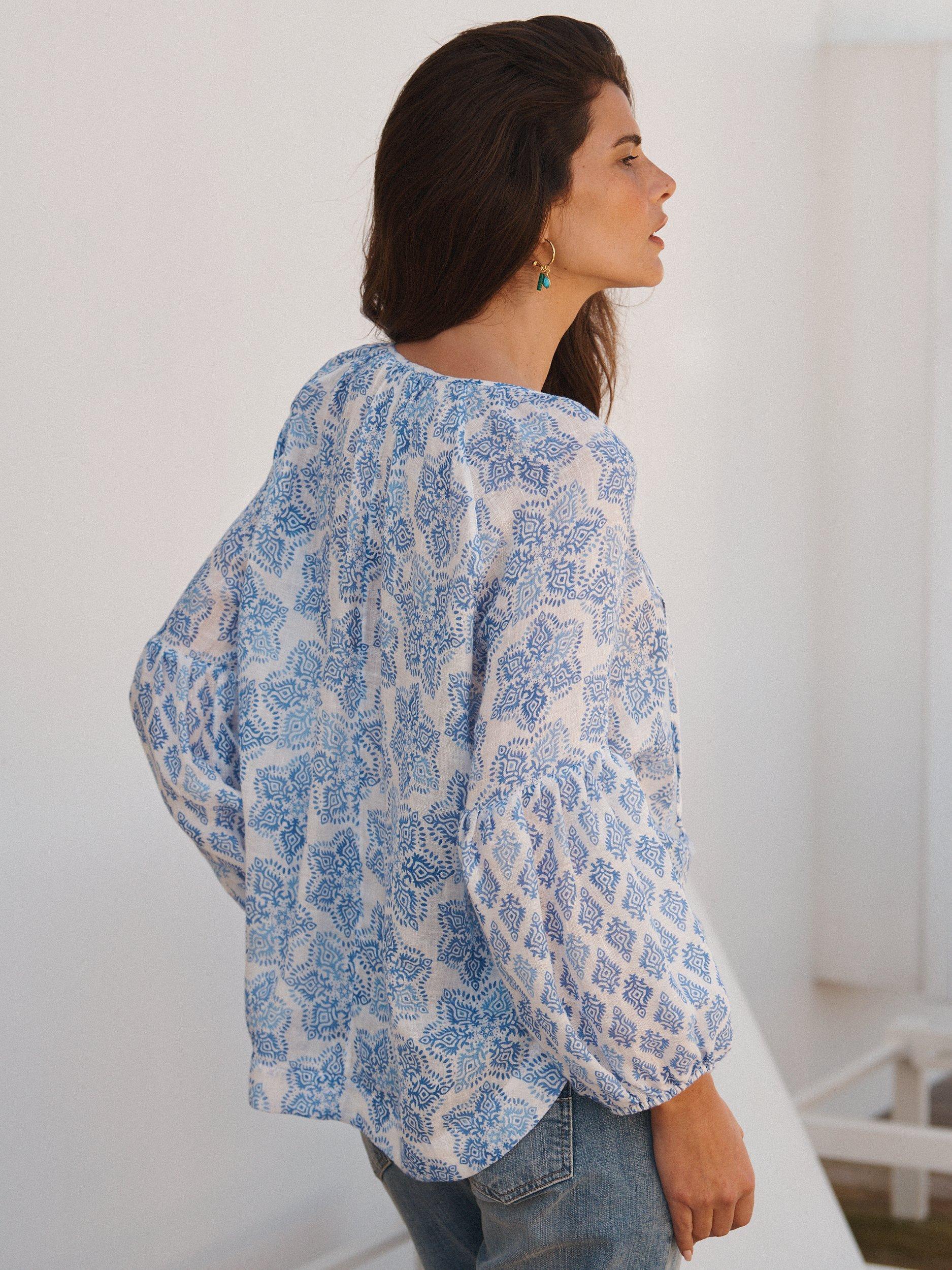 Product image 2 of 9, which shows NRBY Athena Floral Linen Gauze Blouse, Blue/White, XS