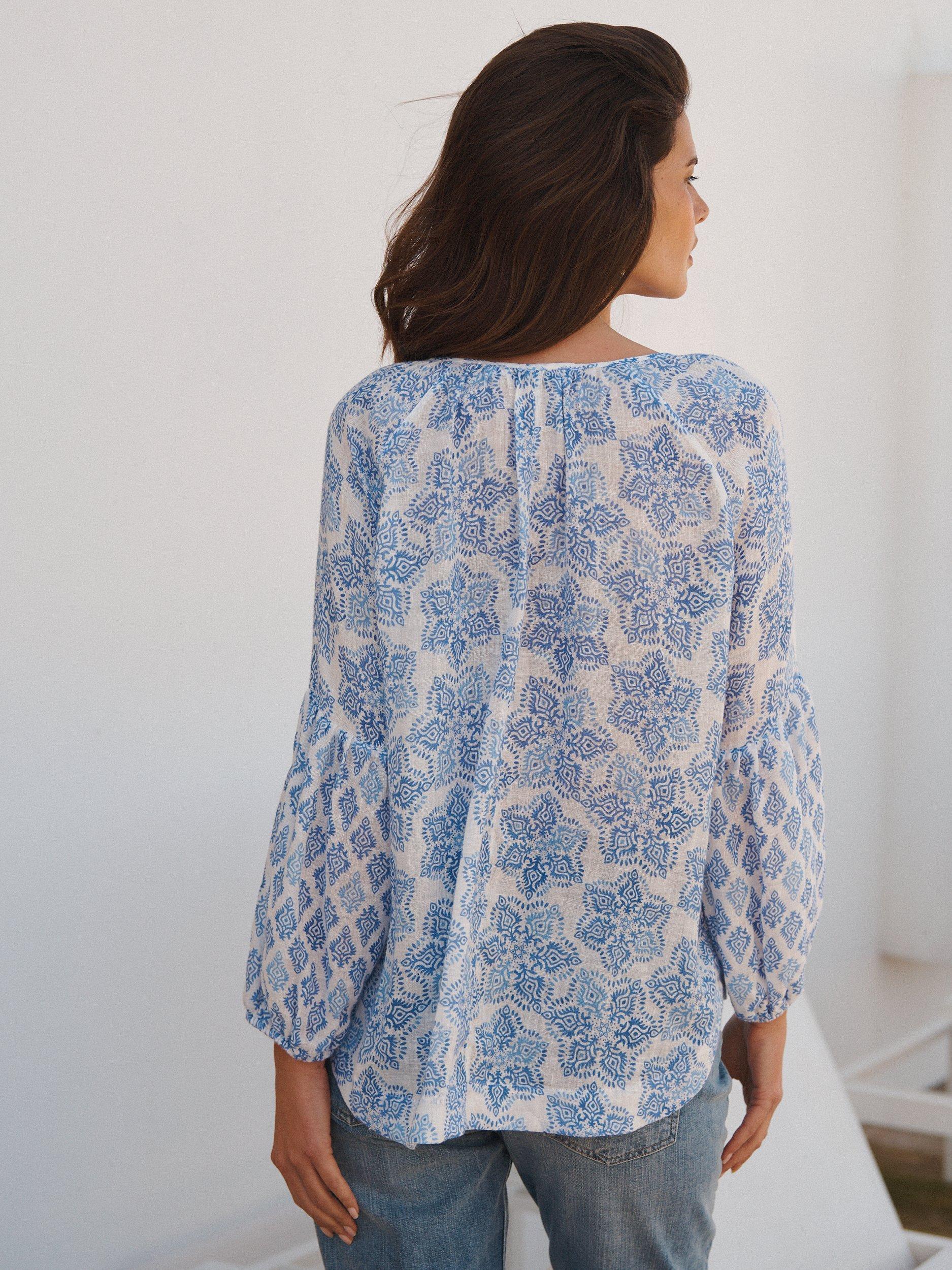 Product image 6 of 9, which shows NRBY Athena Floral Linen Gauze Blouse, Blue/White, XS