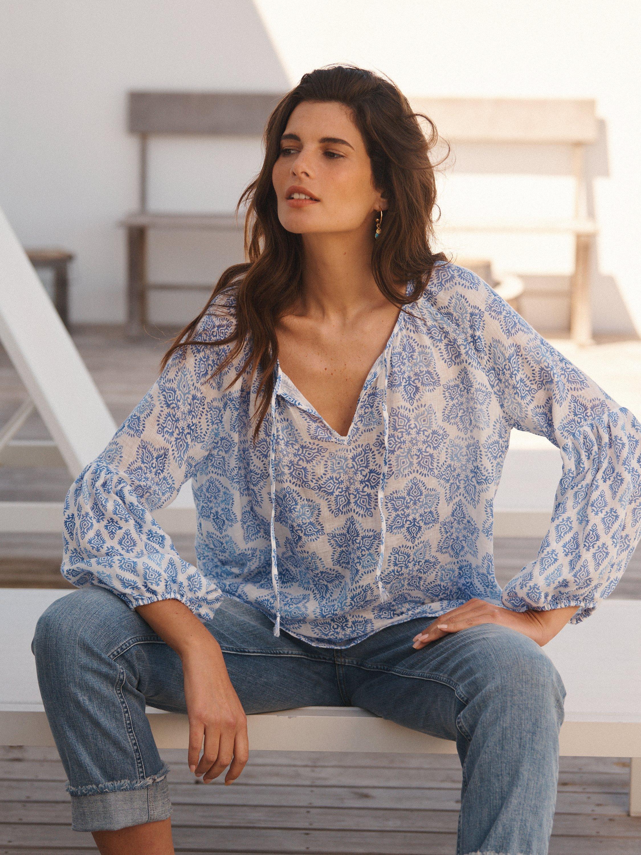 Product image 8 of 9, which shows NRBY Athena Floral Linen Gauze Blouse, Blue/White, XS