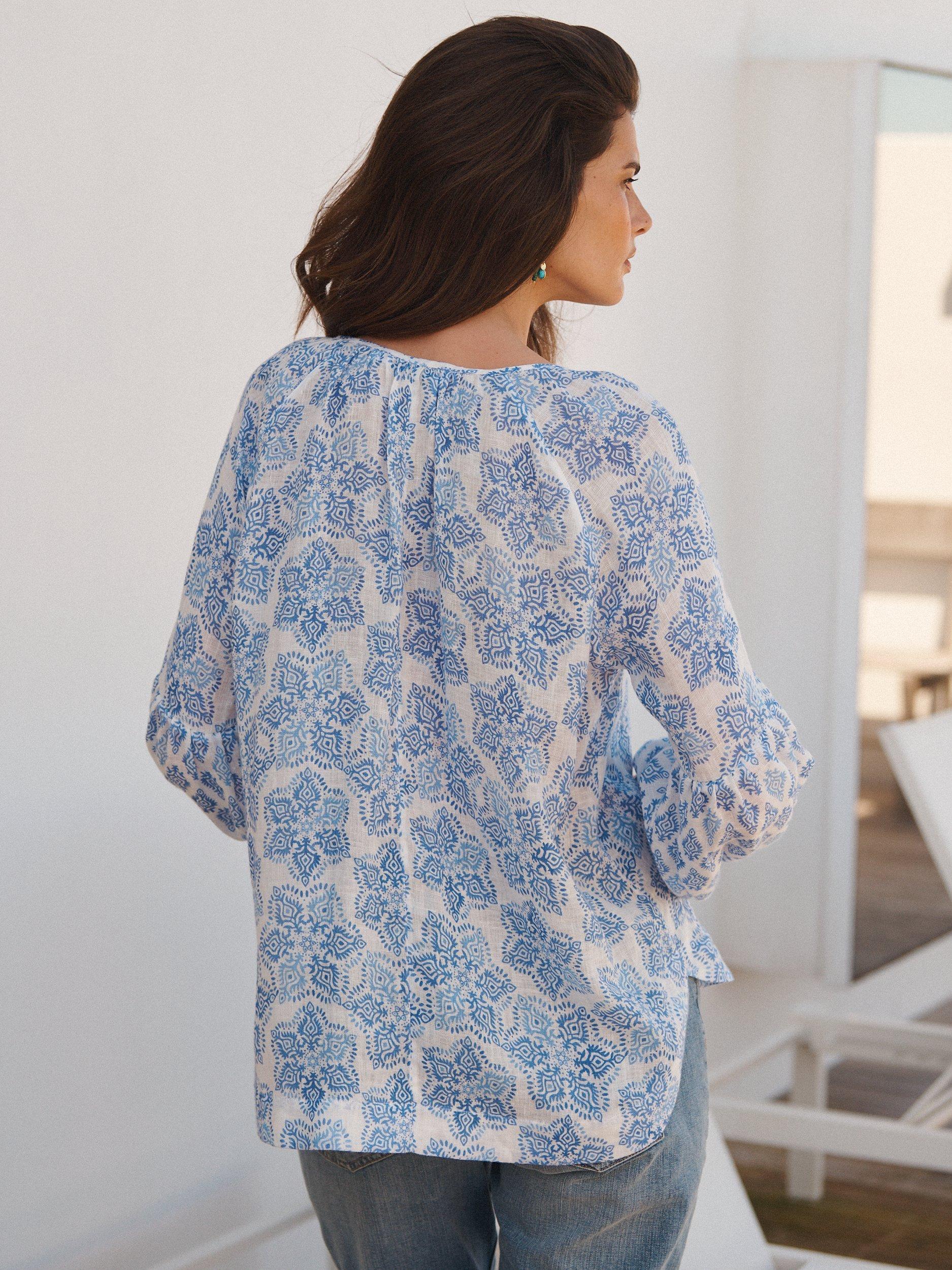 Product image 9 of 9, which shows NRBY Athena Floral Linen Gauze Blouse, Blue/White, XS