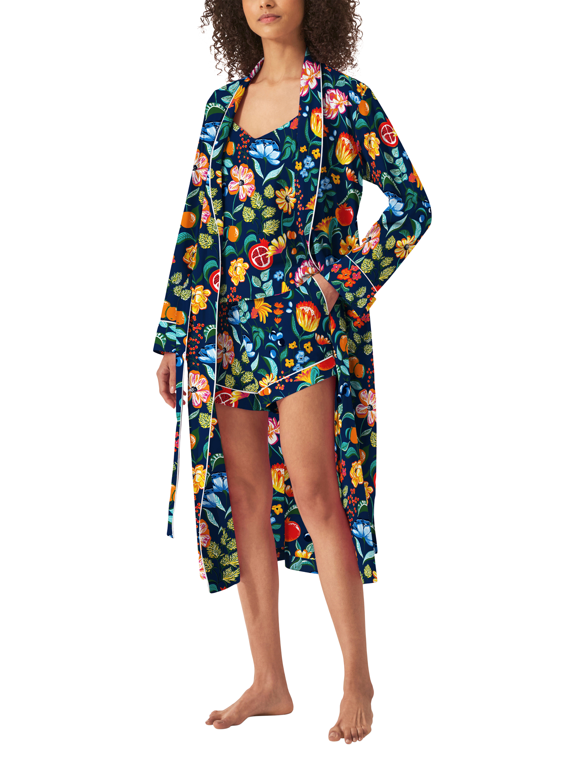 Product image 1 of 1, which shows myza Floral Print Organic Cotton Robe, Navy/Multi, S-M