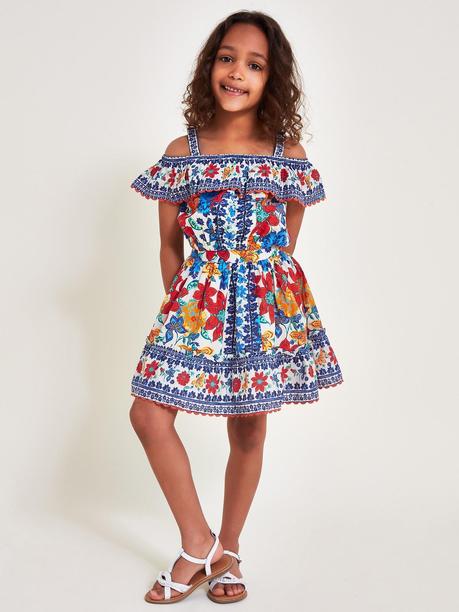 Monsoon Kids' Floral Tile Print Bardot Top & Skirt Set, Navy/Multi, Navy/Multi