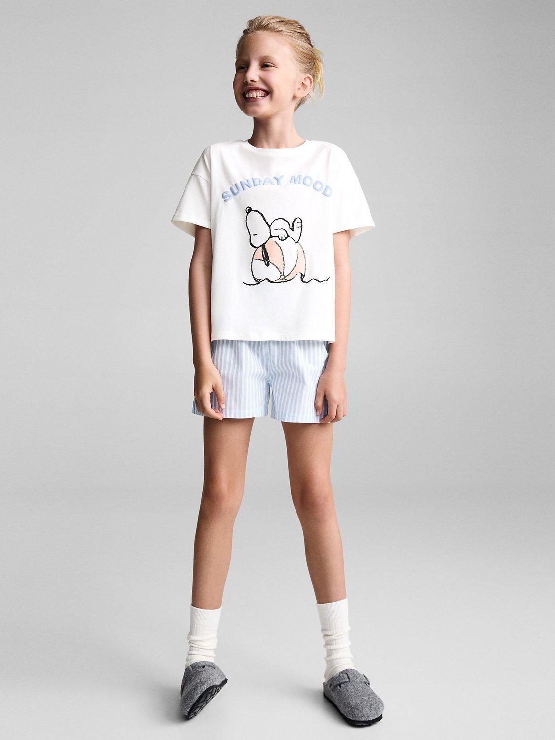 Mango Kids' Peanuts Snoopy Sunday Mood Shorty Pyjamas, Light Pastel Blue