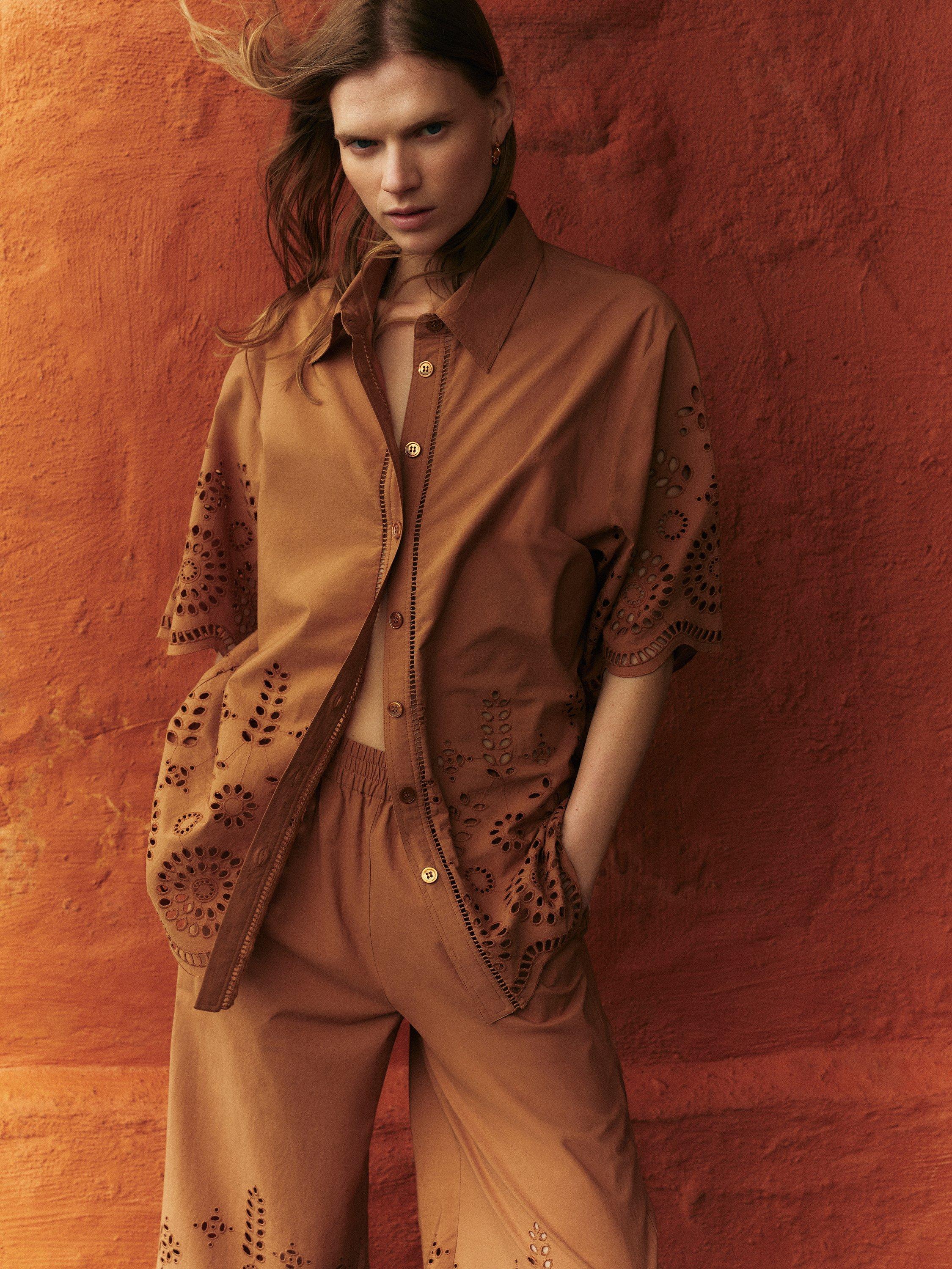 Jigsaw Cotton Broderie Half Sleeve Shirt, Camel