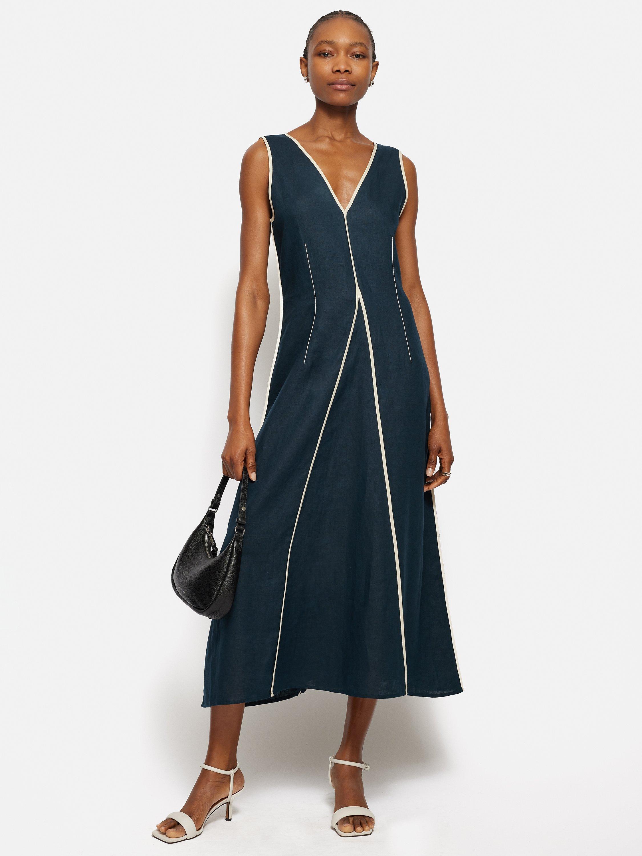 Jigsaw Sleeveless Piped Linen Dress, Navy