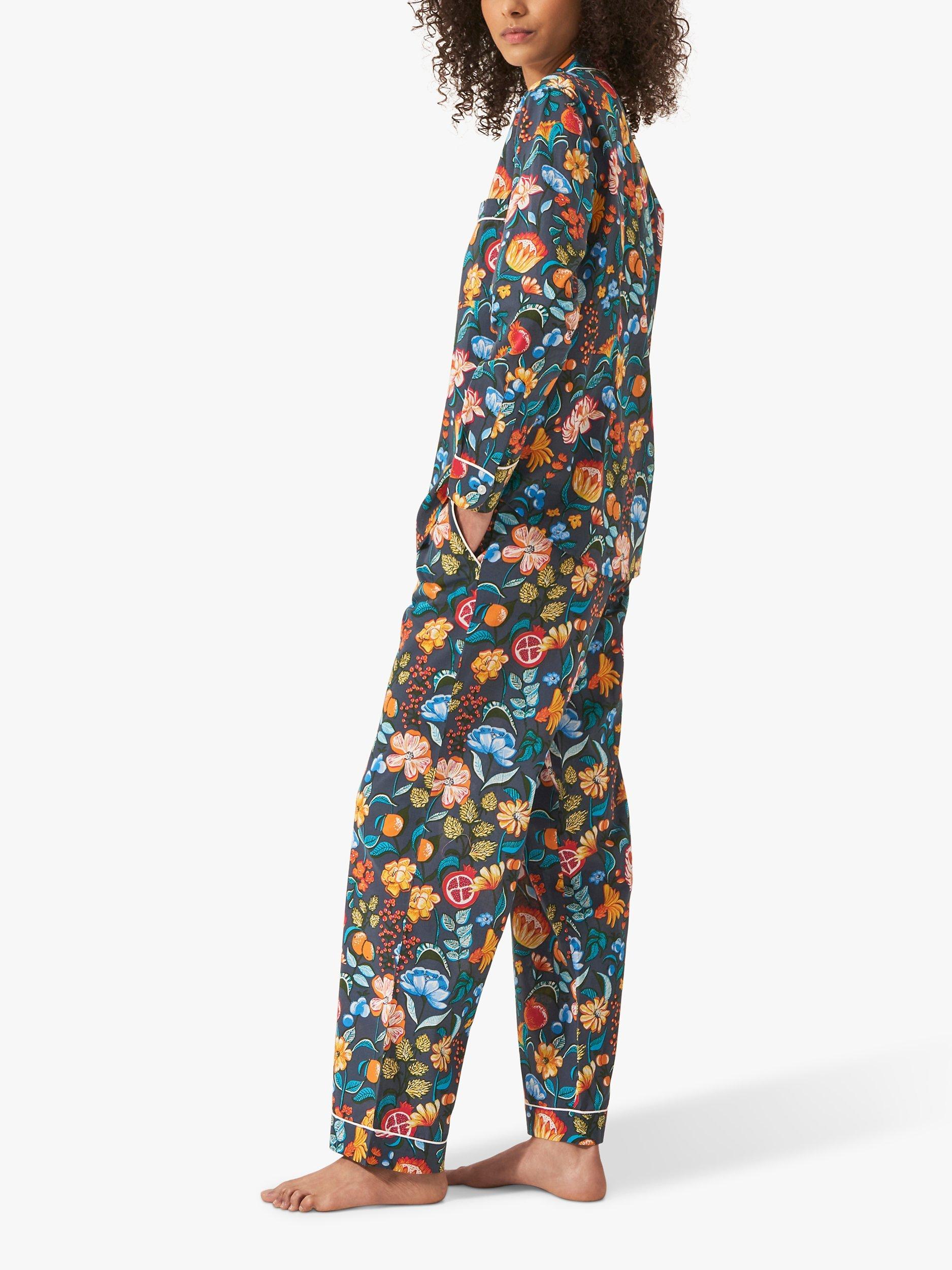 Product image 2 of 3, which shows myza Florals Organic Cotton Long Sleeve Pyjama Trouser Set, Florals On Navy, XS