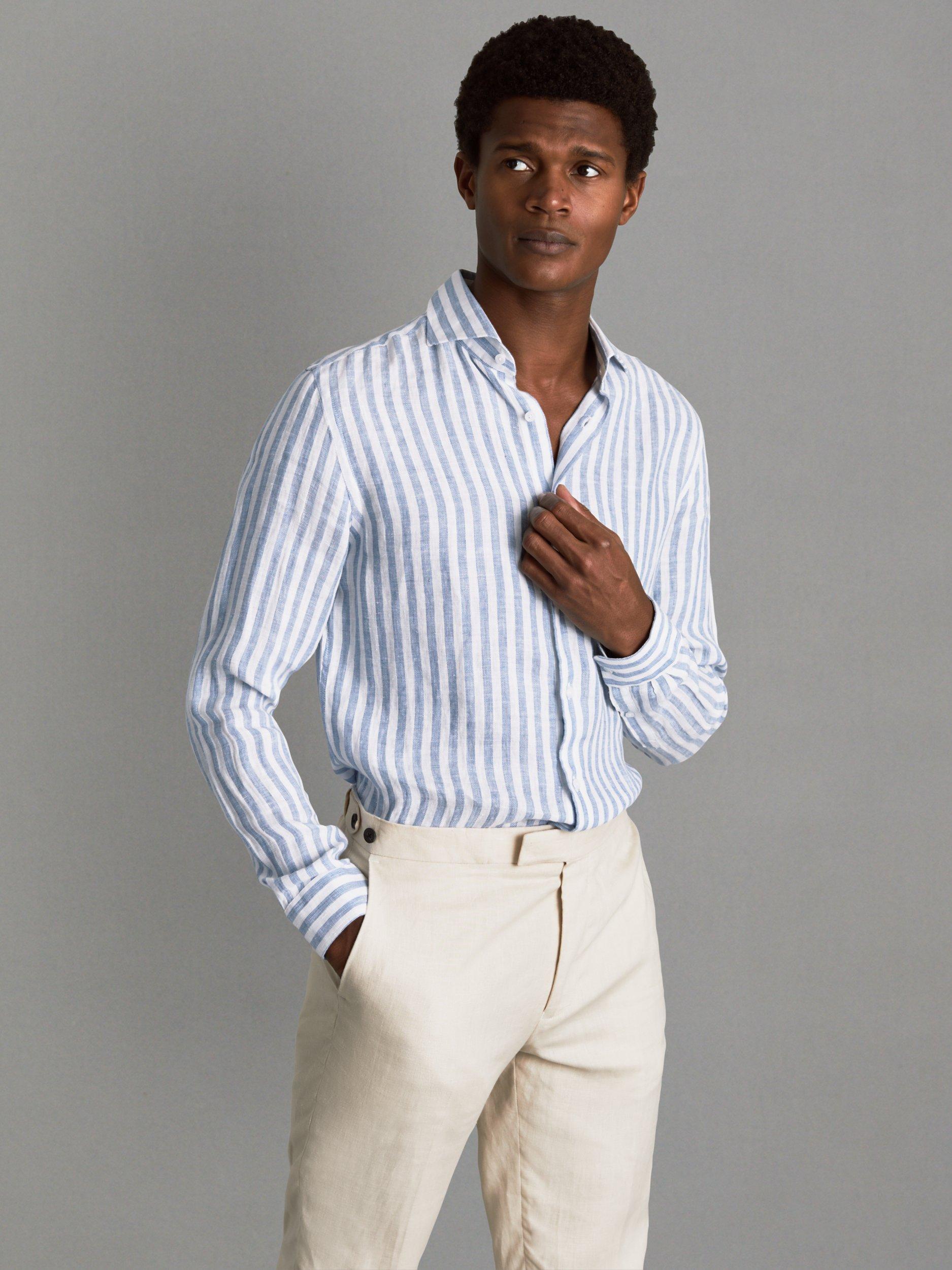 Reiss Ruban Long Sleeve Linen Stripe Shirt, Blue/White