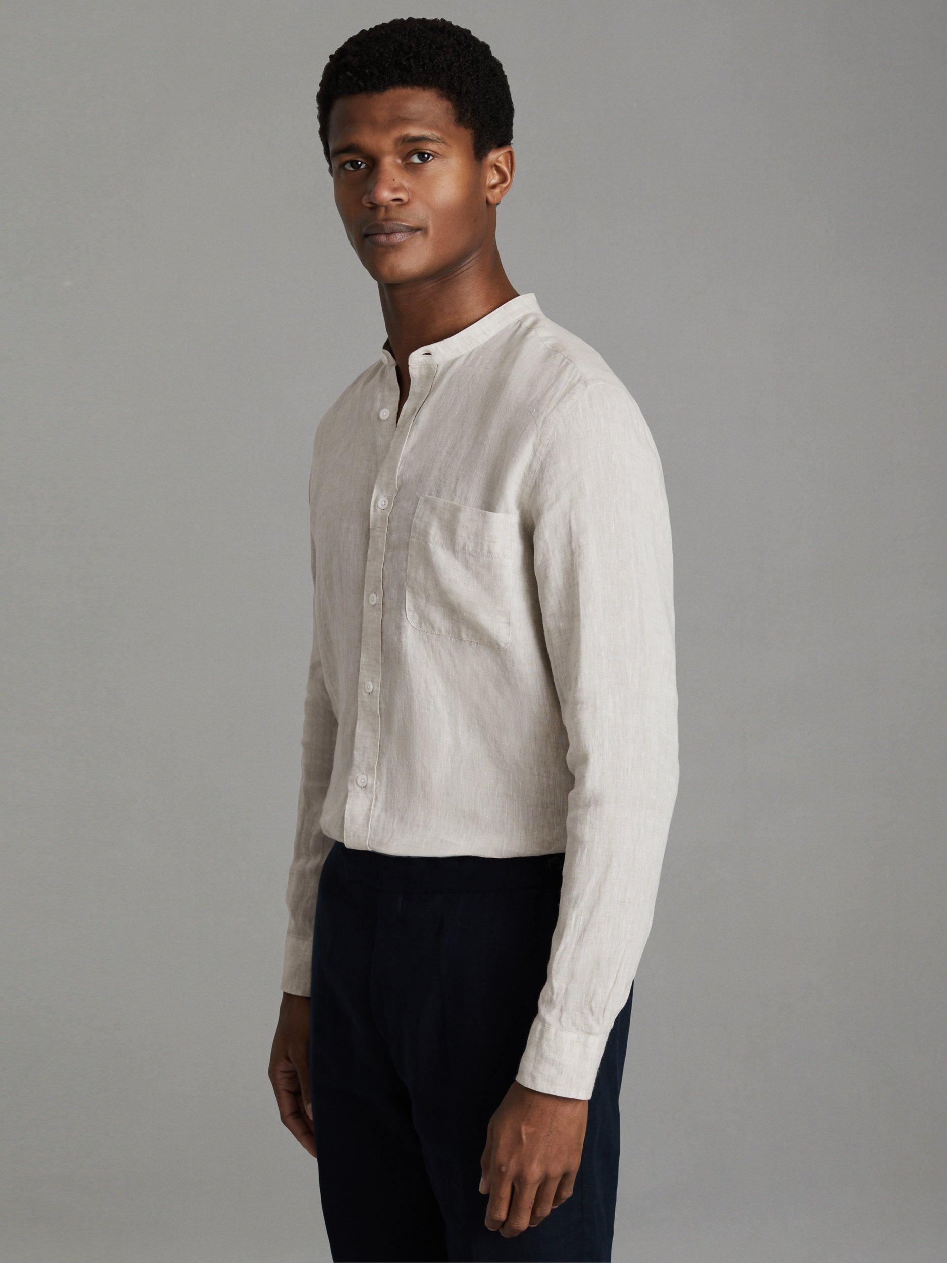 Reiss Ocean Long Sleeve Grandad Collar Shirt, Stone, M