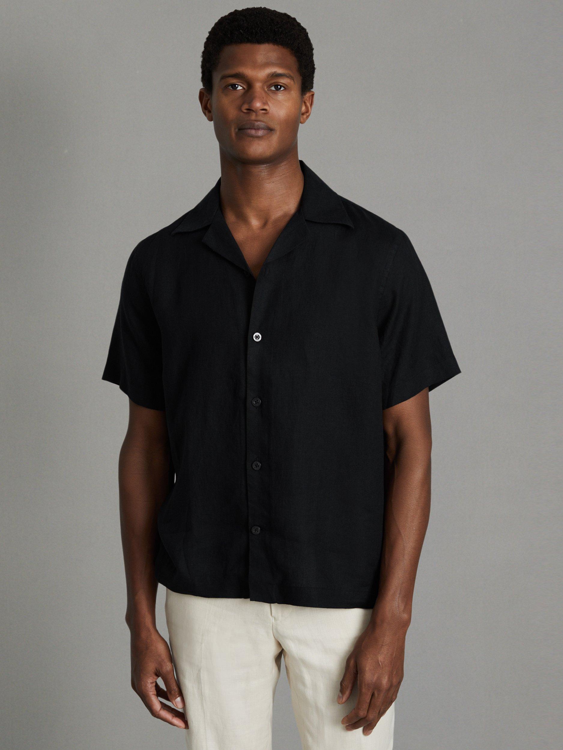 Reiss Beldi Linen Short Sleeve Cuban Shirt, Black, XS