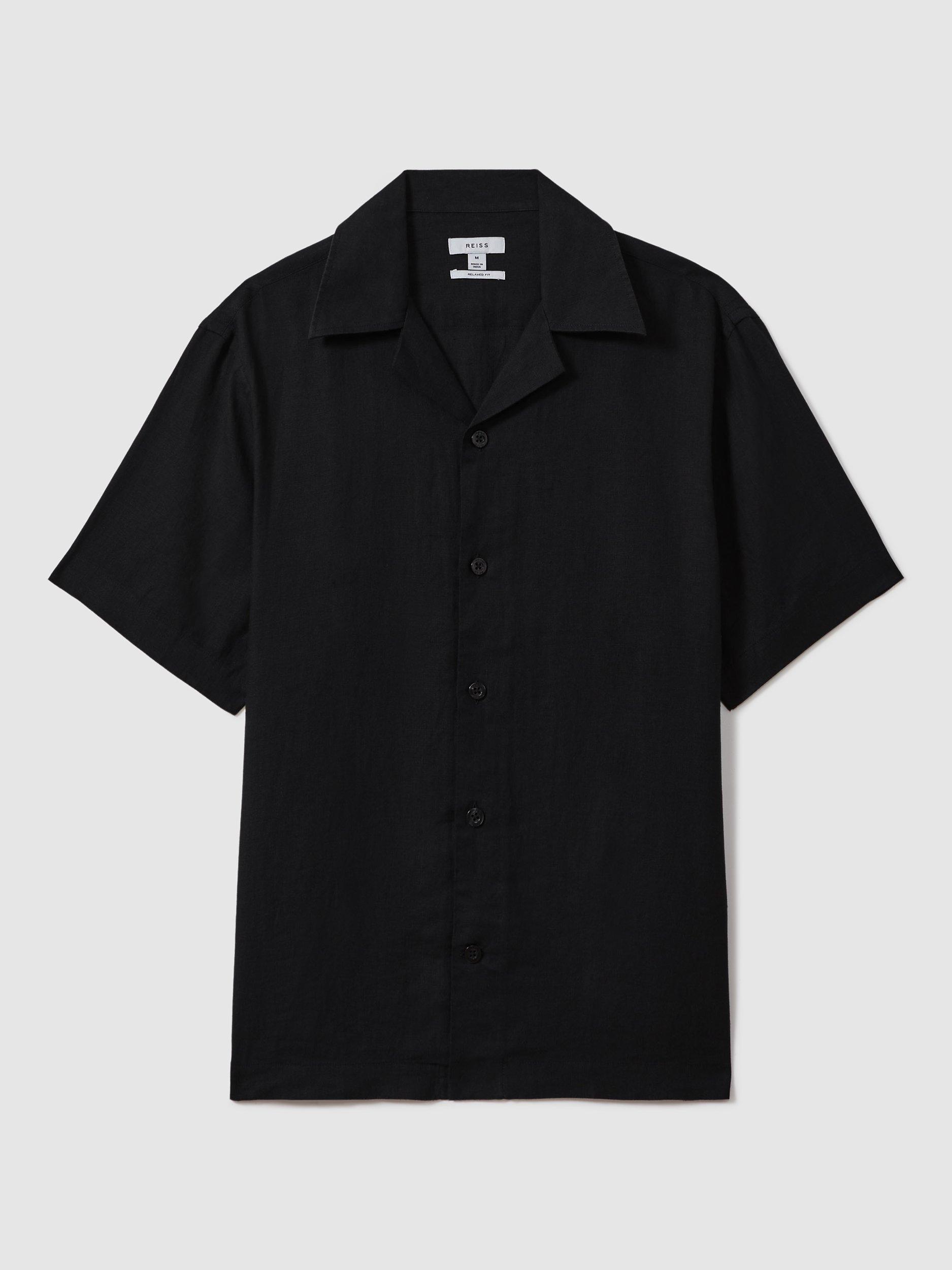 Reiss Beldi Linen Short Sleeve Cuban Shirt, Black, XS