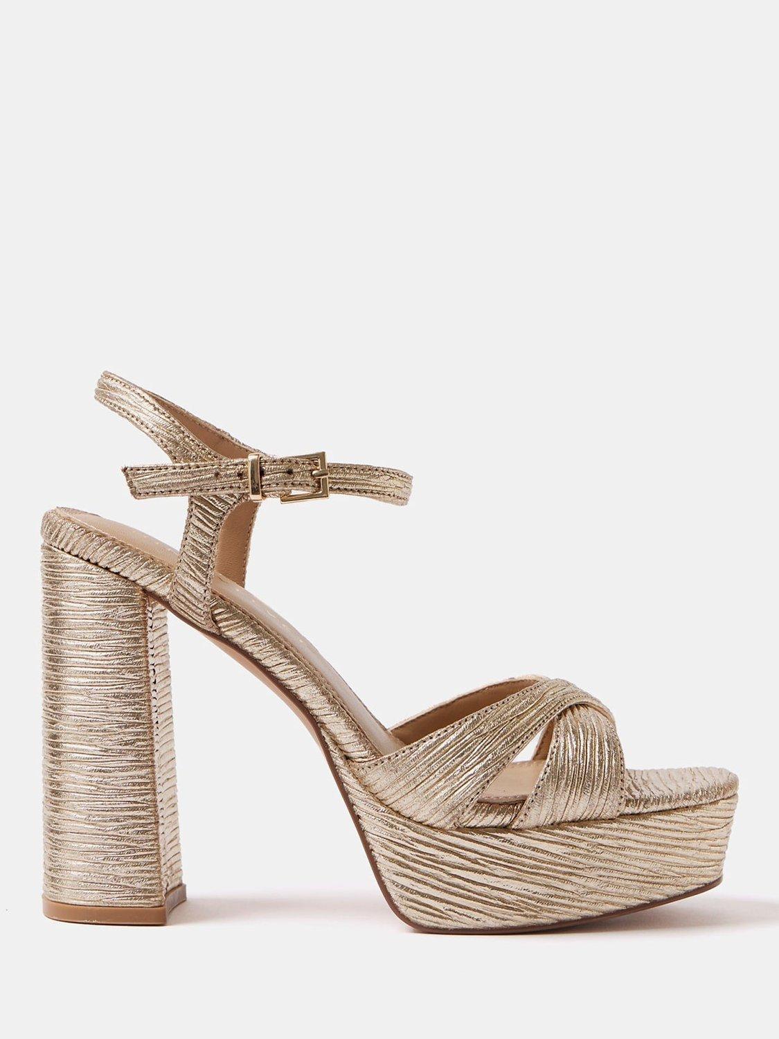 Mint Velvet Metallic Plissé Block Heels, Gold