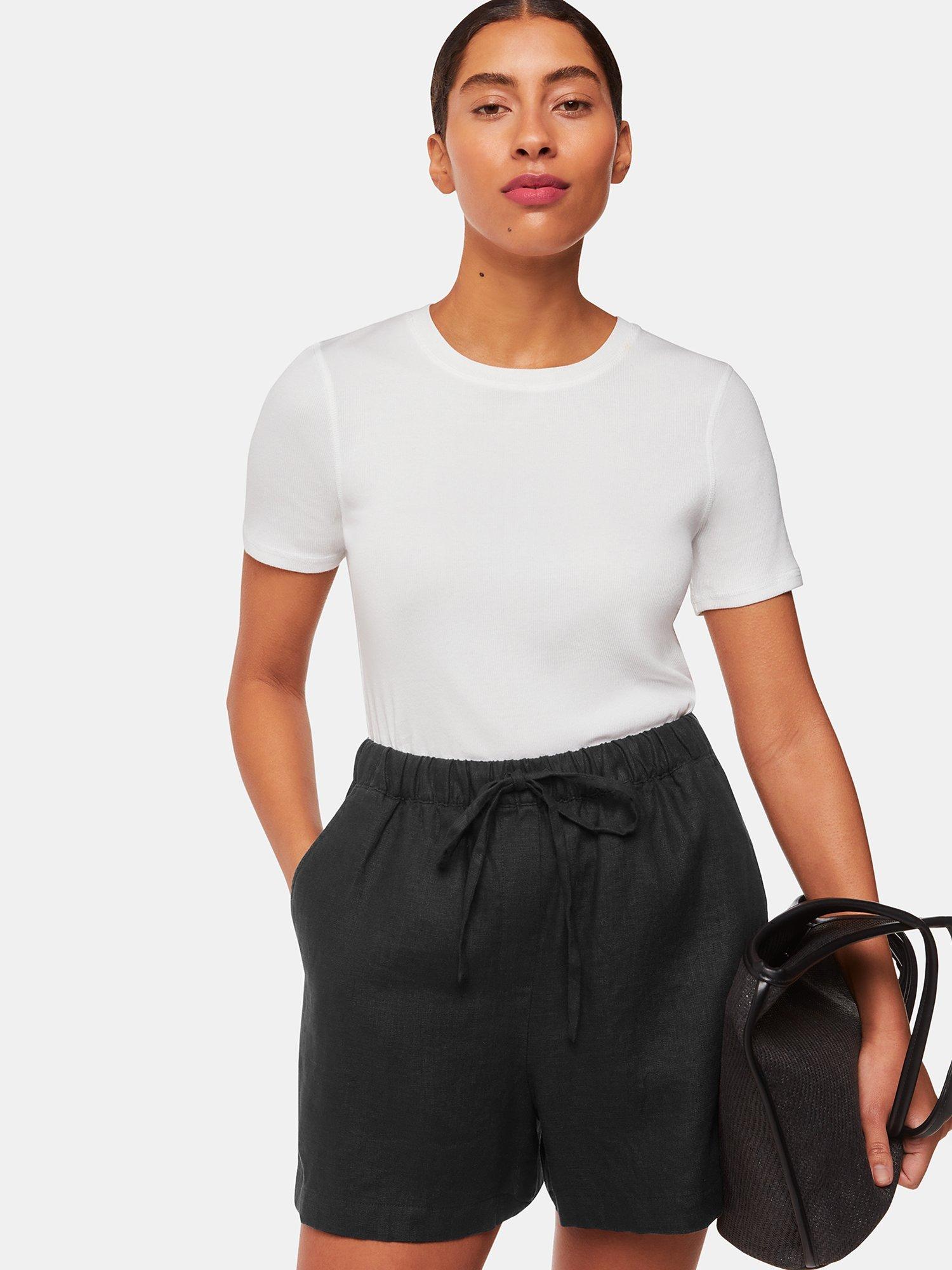 Product image 1 of 5, which shows Whistles Petite Elasticated Waist Linen Shorts, Black, 6