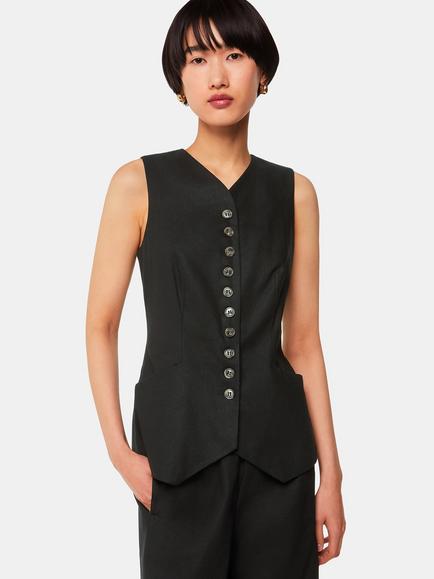 Whistles Lindsey Linen Blend Waistcoat, Black, Black
