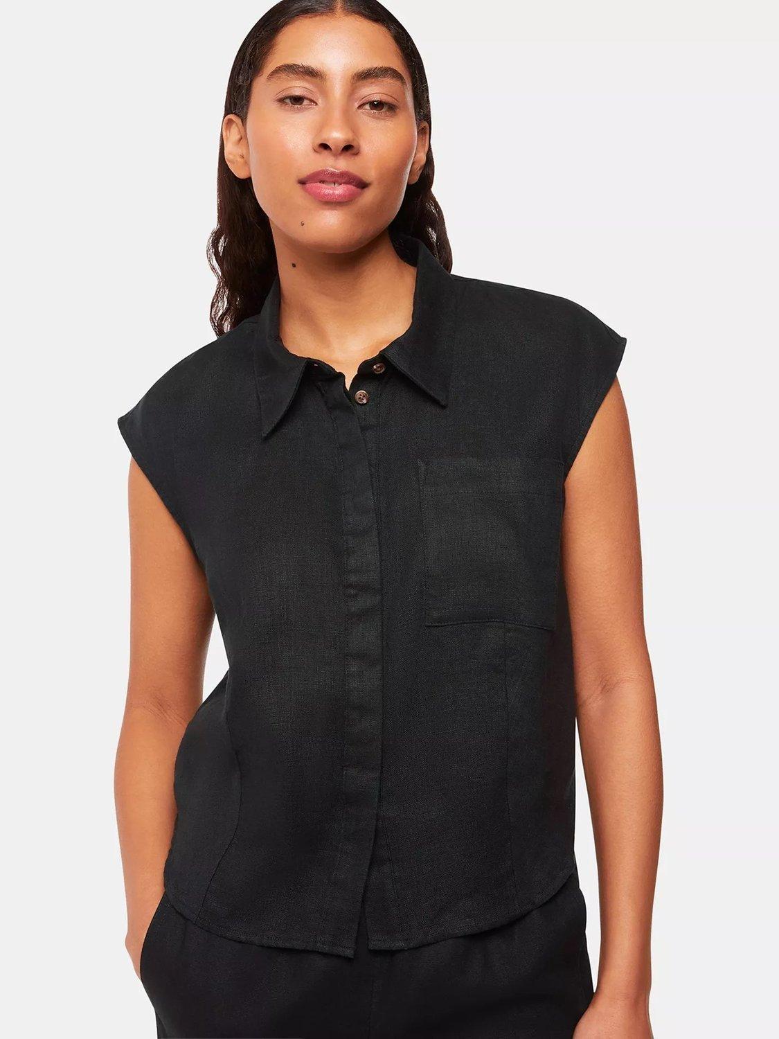 Product image 1 of 6, which shows Whistles Olivia Cap Sleeve Linen Shirt, Black, 8