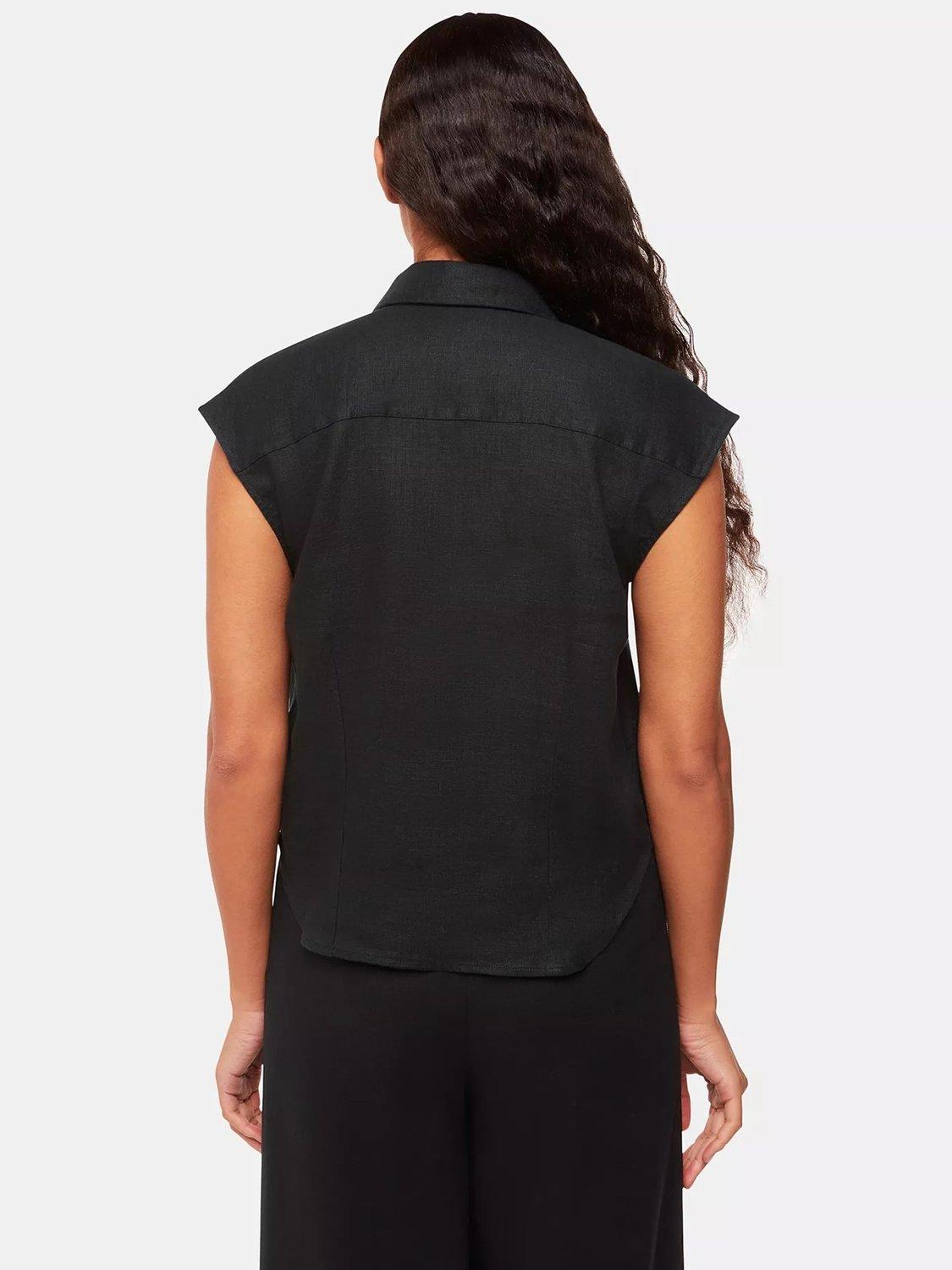 Product image 2 of 6, which shows Whistles Olivia Cap Sleeve Linen Shirt, Black, 8