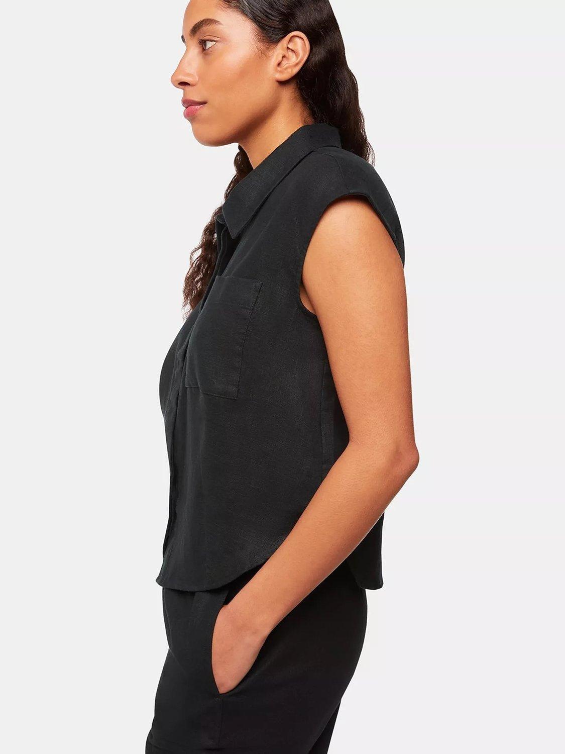 Product image 4 of 6, which shows Whistles Olivia Cap Sleeve Linen Shirt, Black, 8