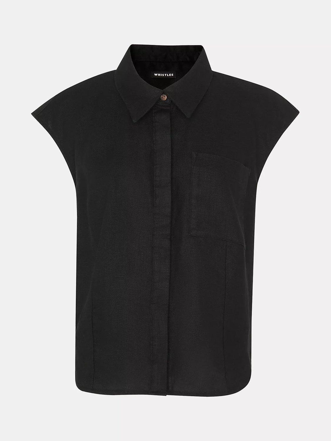 Product image 6 of 6, which shows Whistles Olivia Cap Sleeve Linen Shirt, Black, 8