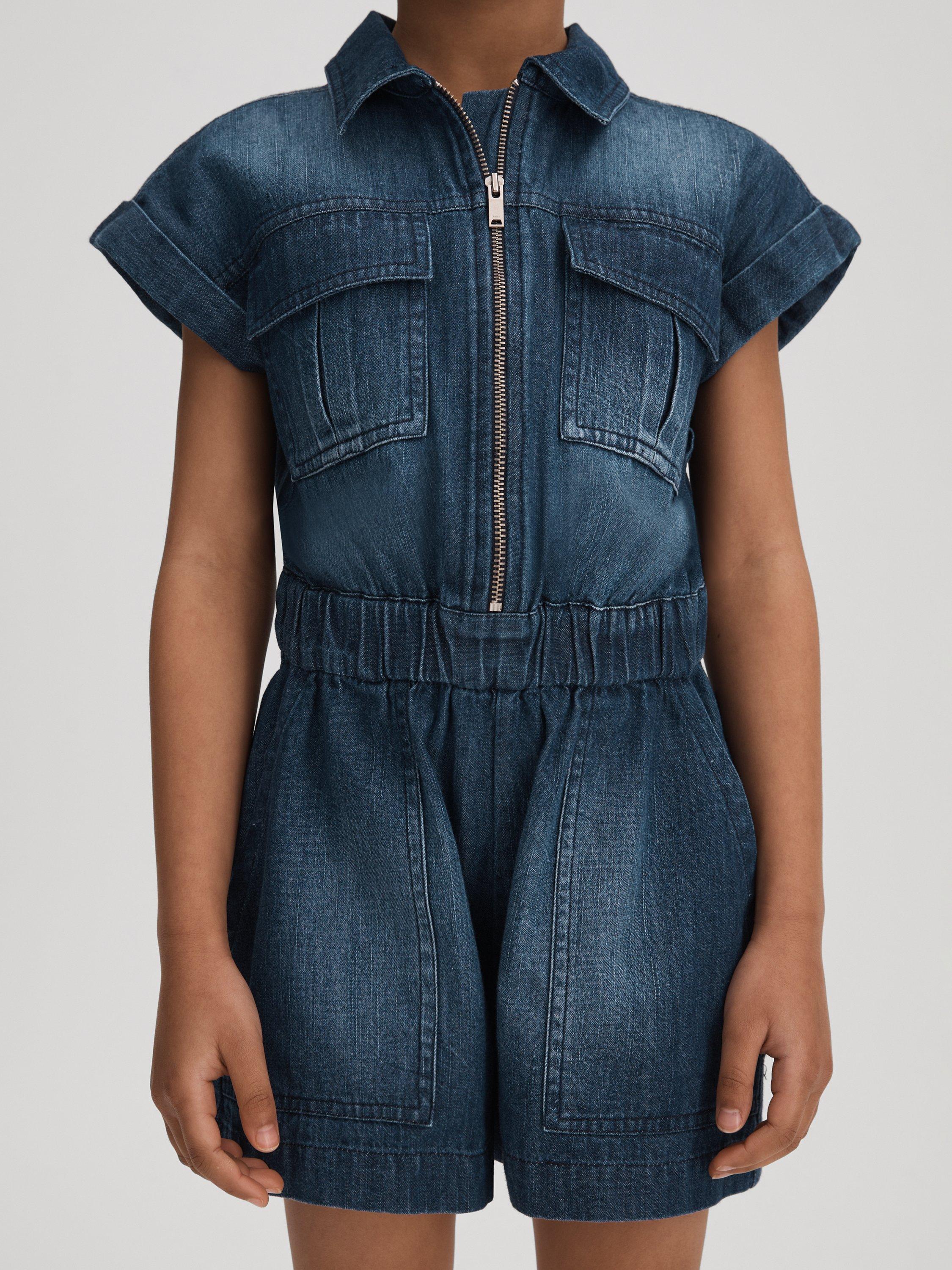 Reiss Kids' Josie Denim Short Playsuit, Blue