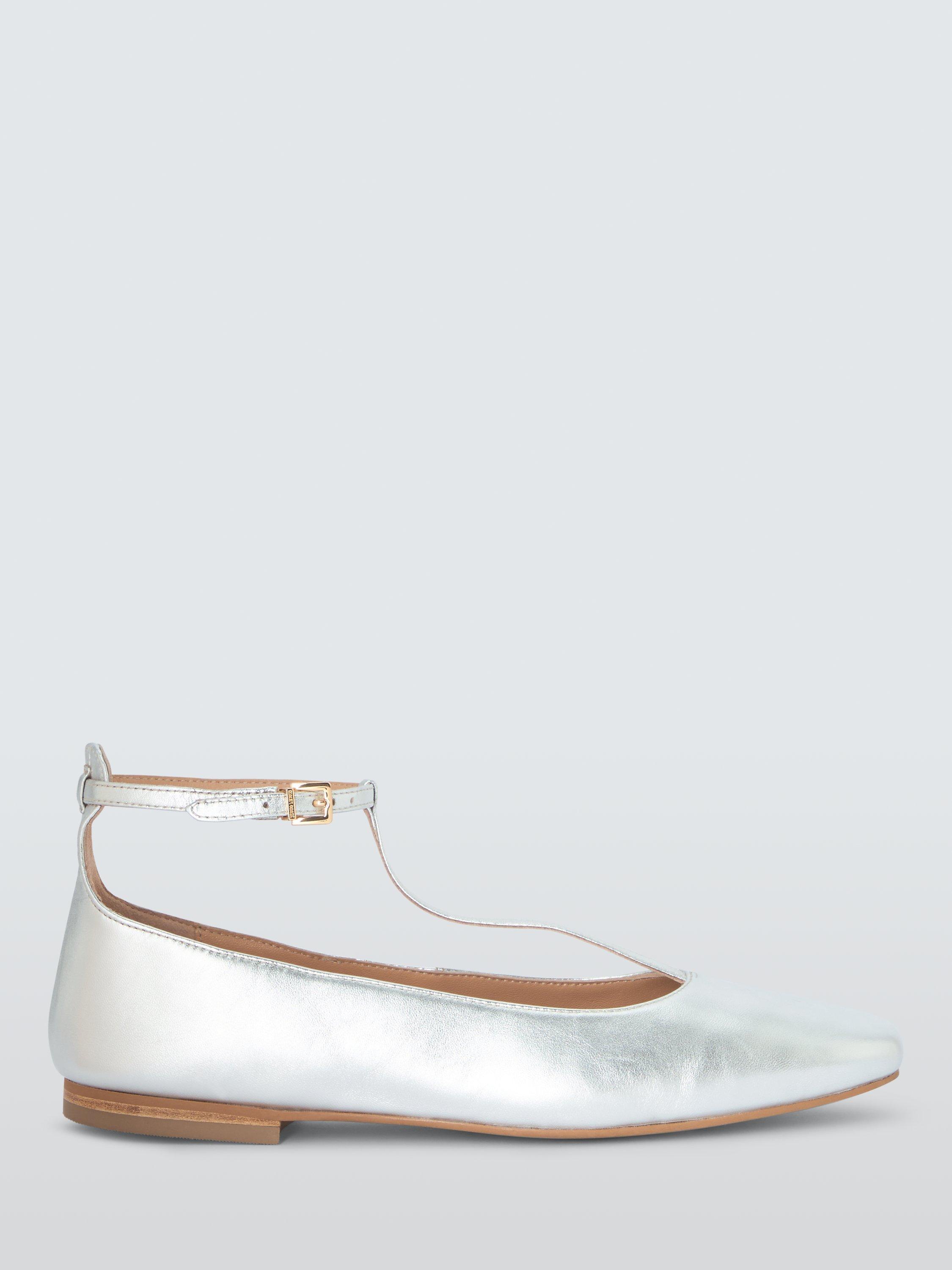 Product image 1 of 6, which shows John Lewis Harrie Leather T-Bar Mary Jane Ballerina Pumps, Silver Foil, 3