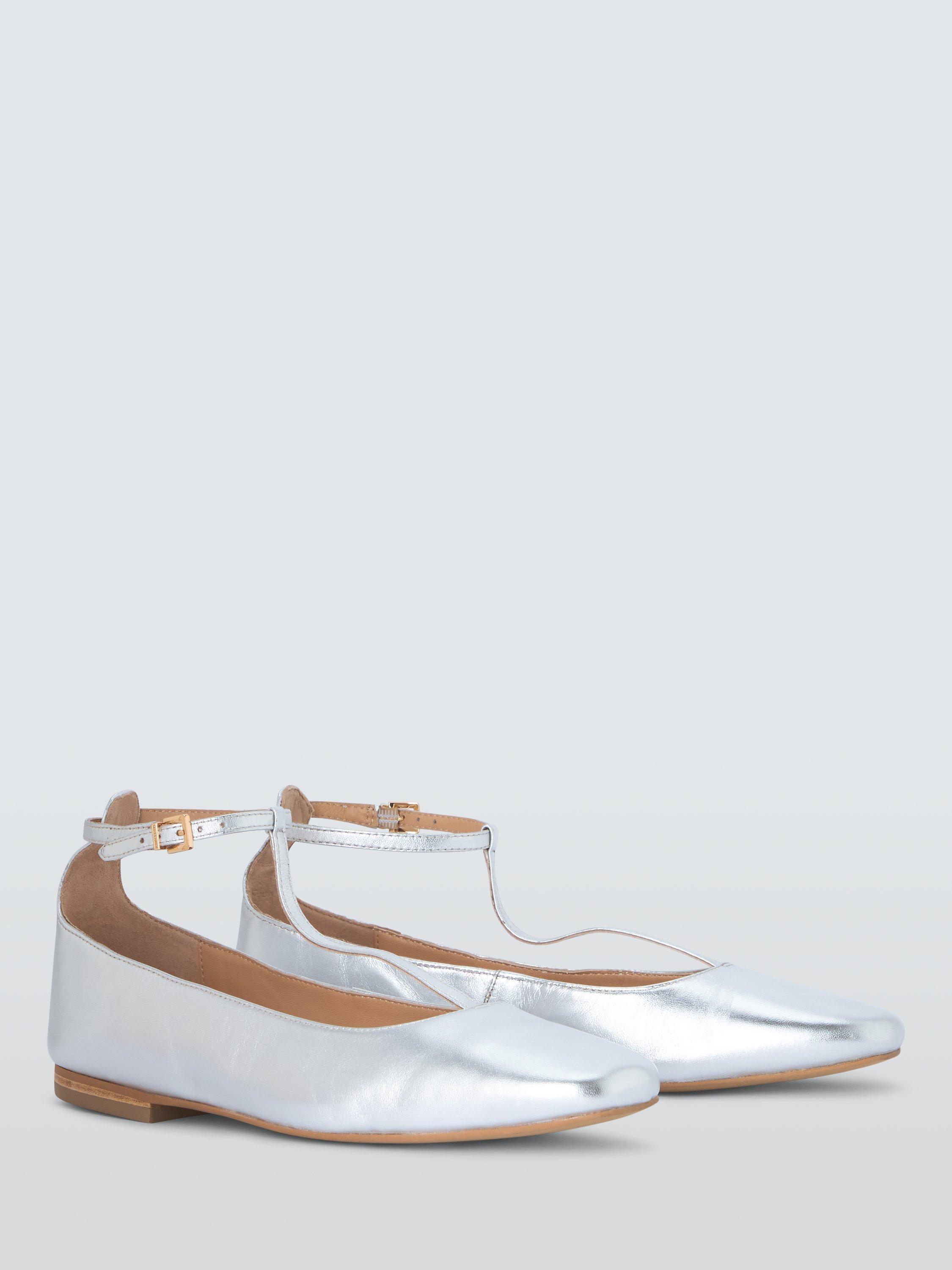 Product image 3 of 6, which shows John Lewis Harrie Leather T-Bar Mary Jane Ballerina Pumps, Silver Foil, 3