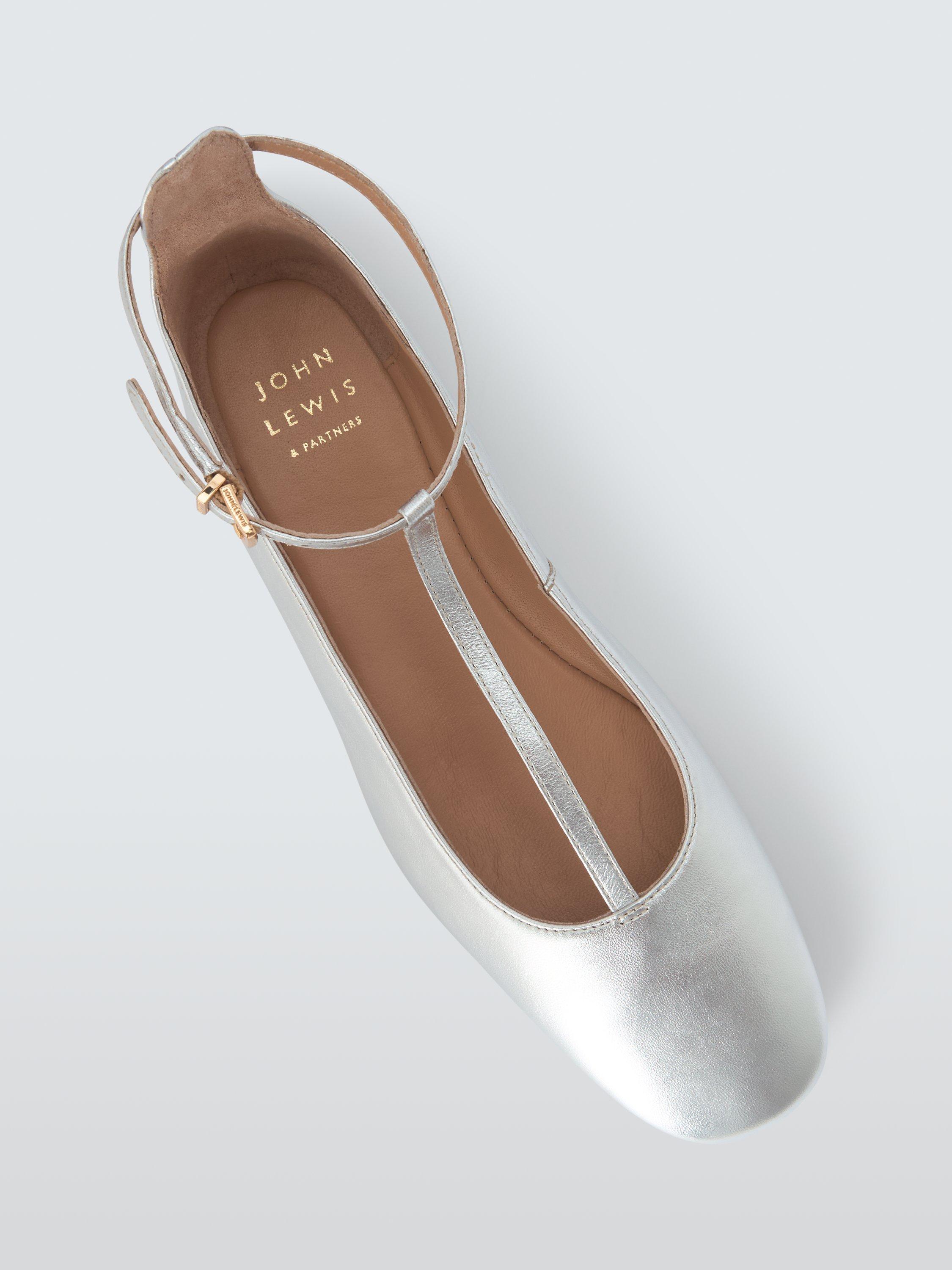 Product image 4 of 6, which shows John Lewis Harrie Leather T-Bar Mary Jane Ballerina Pumps, Silver Foil, 3