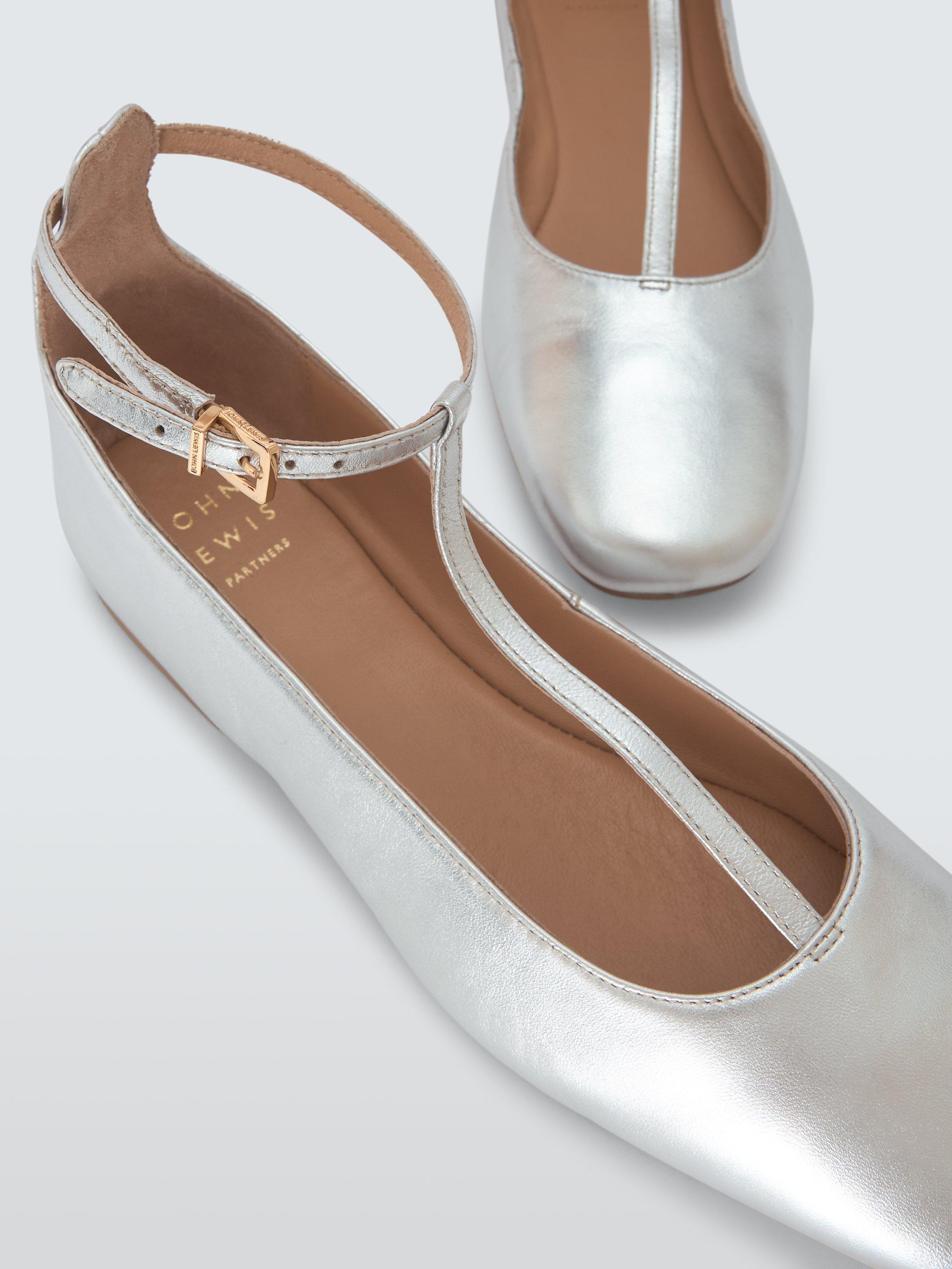 Product image 5 of 6, which shows John Lewis Harrie Leather T-Bar Mary Jane Ballerina Pumps, Silver Foil, 3
