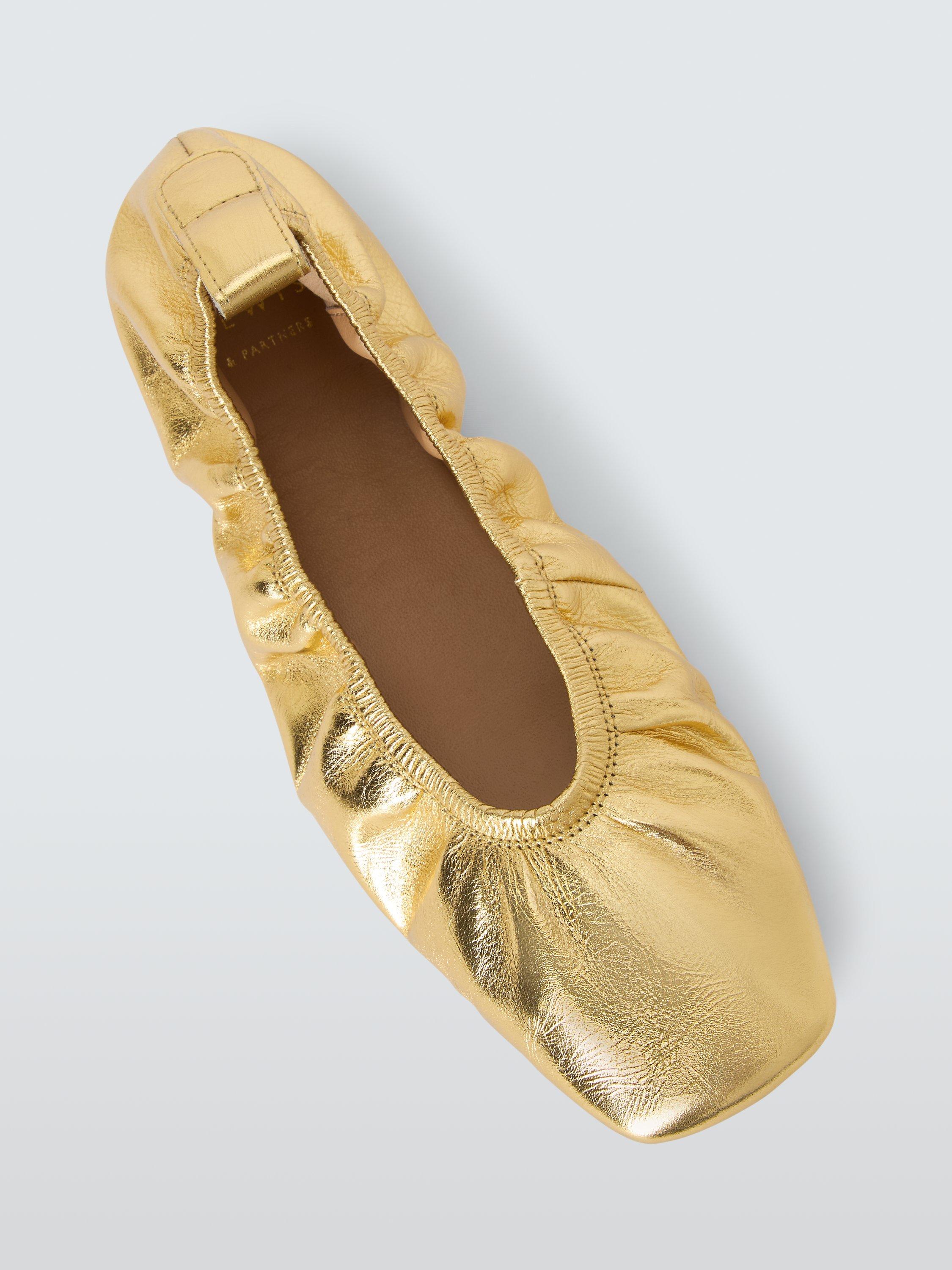 Product image 5 of 6, which shows John Lewis Harlequinn Leather Soft Ruched V-Cut Sachetto Ballerina Pumps, Gold, 3