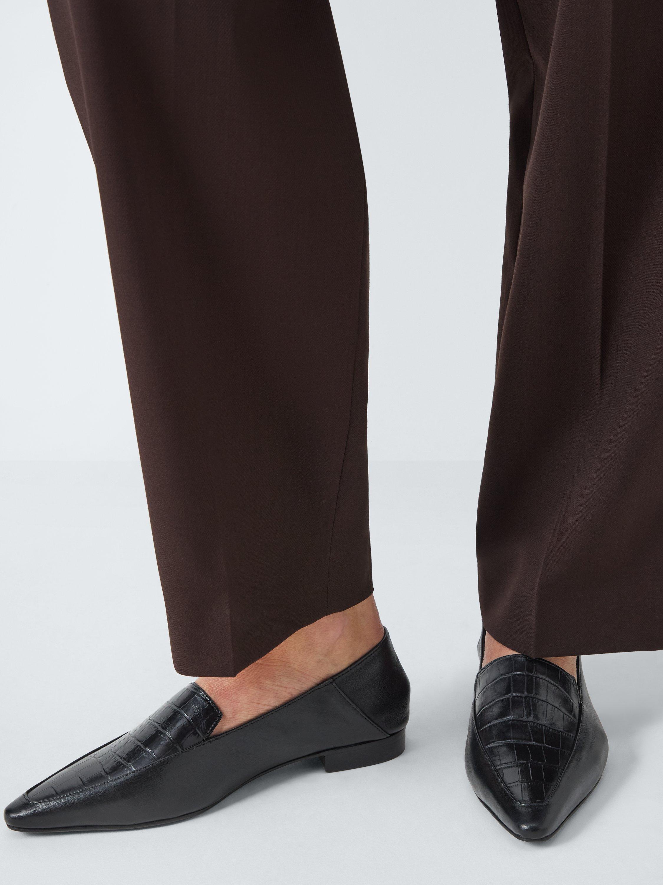 Product image 2 of 6, which shows John Lewis Ginger Leather Easy Fold Down Pointed Penny Loafers, Black Croc, 6