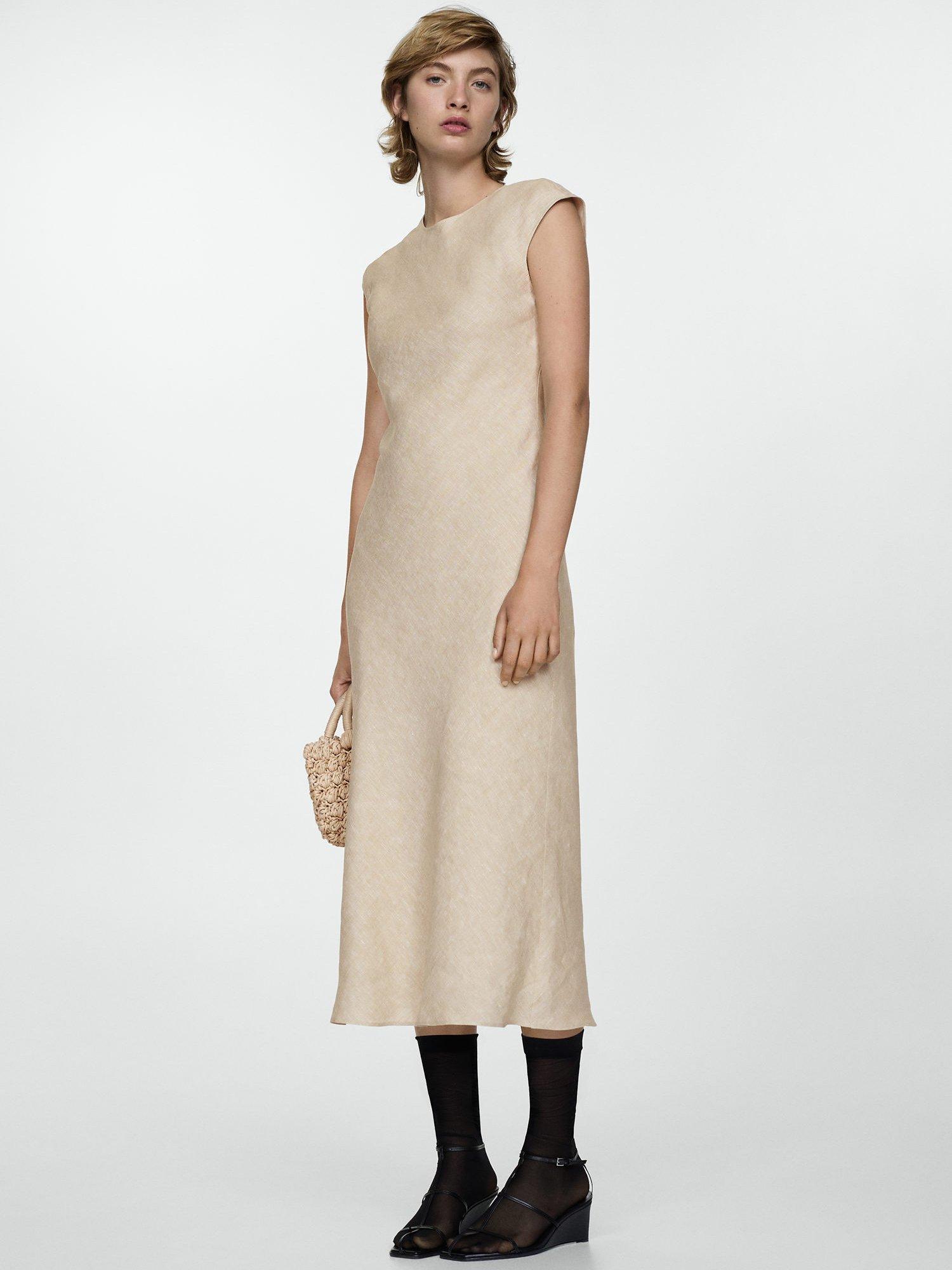 Mango Gioia Open Back Linen Midi Dress, Light Beige