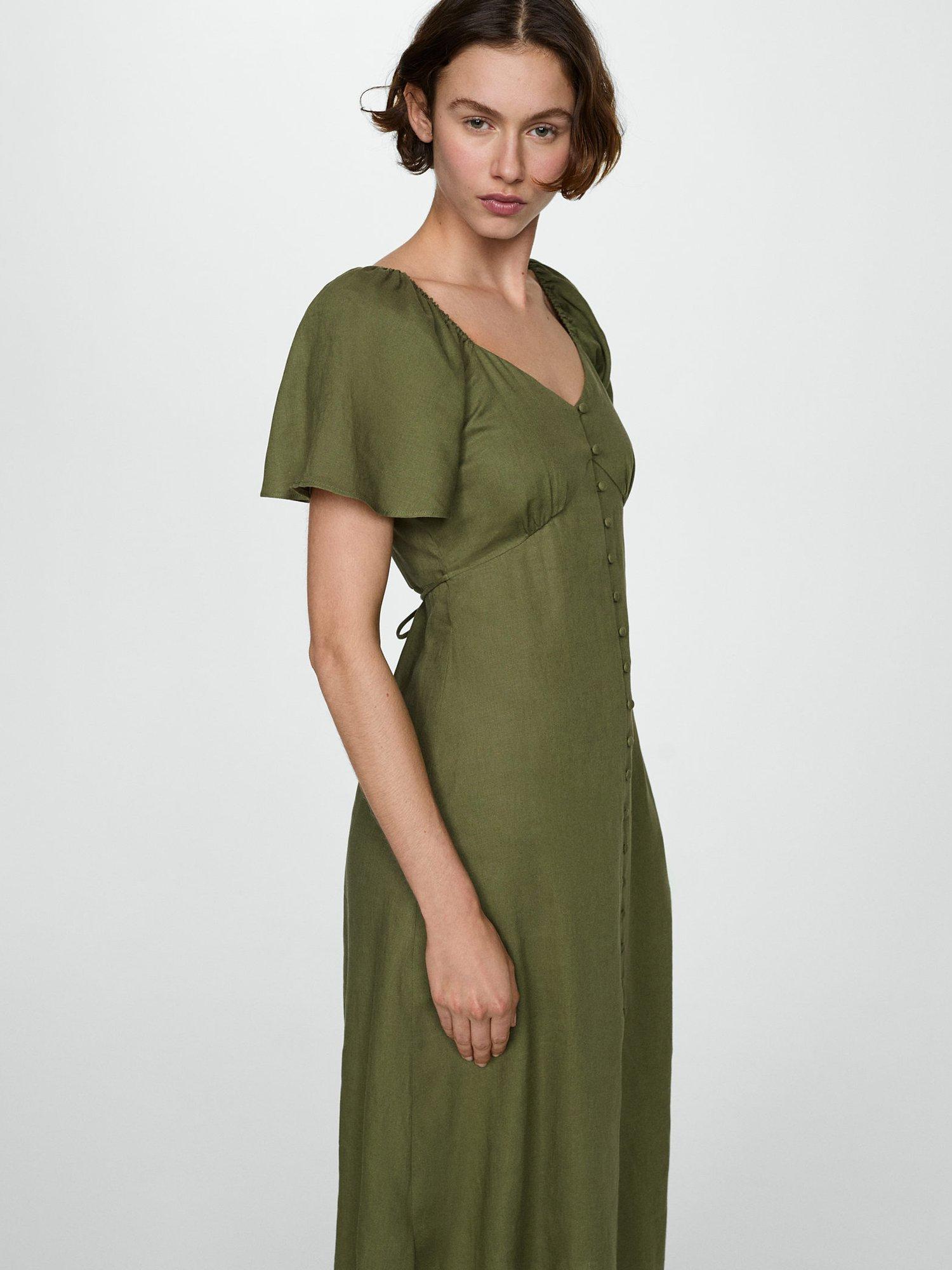 Mango Buttoned Linen Blend Midi Dress Khaki