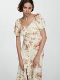 Mango Buttoned Floral Print Linen Blend Midi Dress, Light Beige/Multi