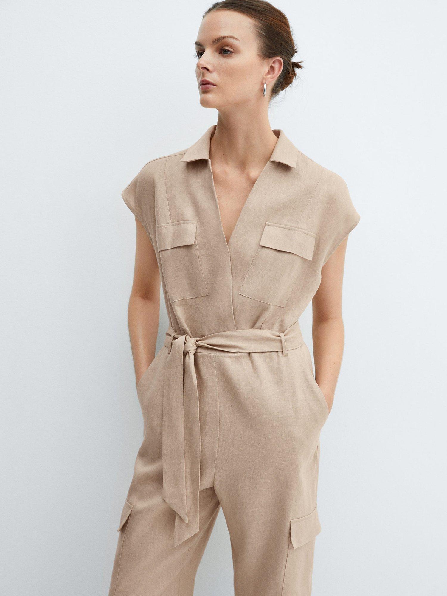 Mango Quita Cargo Linen Blend Jumpsuit, Light Beige