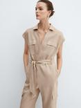 Mango Quita Cargo Linen Blend Jumpsuit, Light Beige