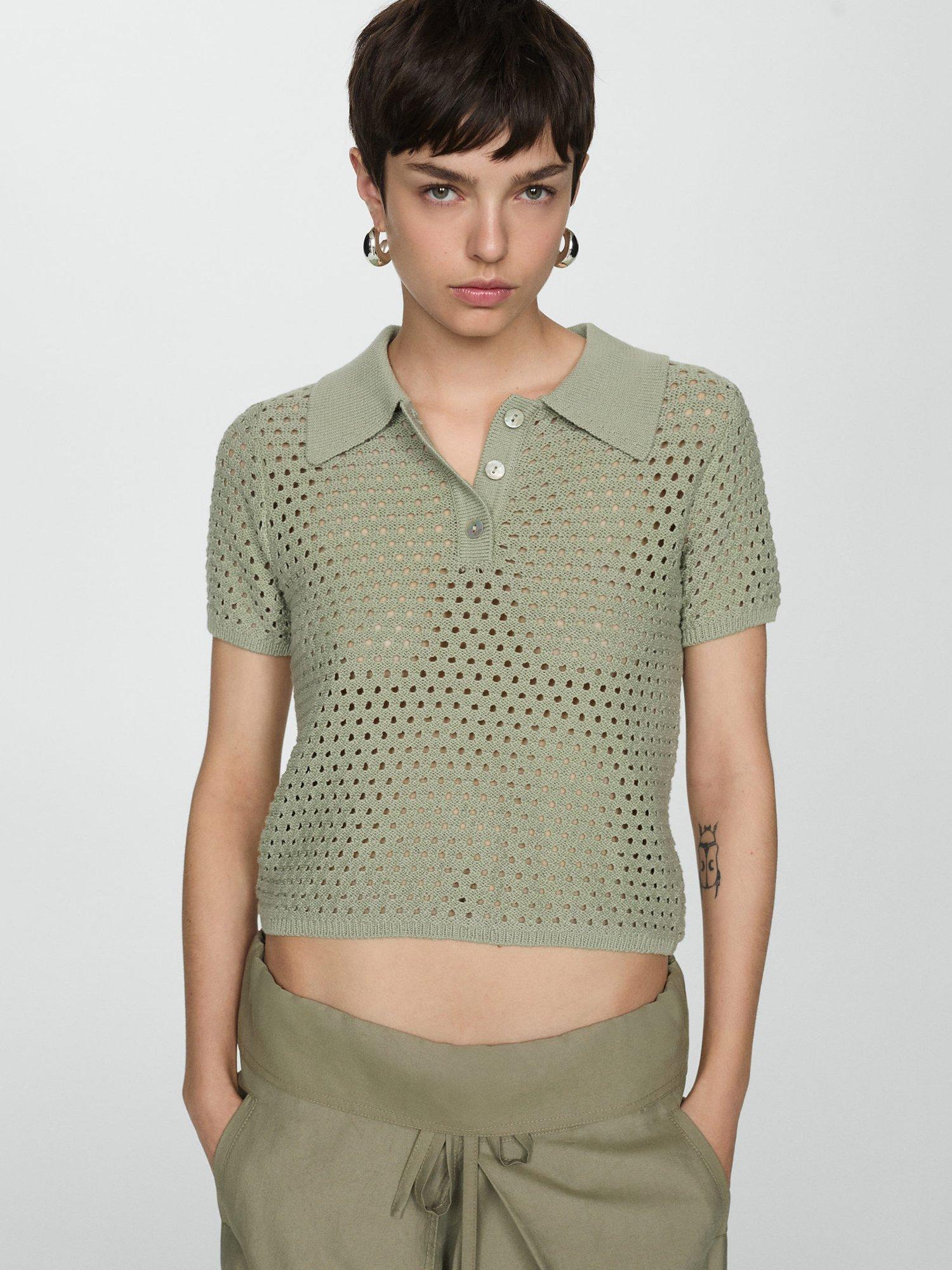 Mango Rita Knitted Polo Top, Khaki
