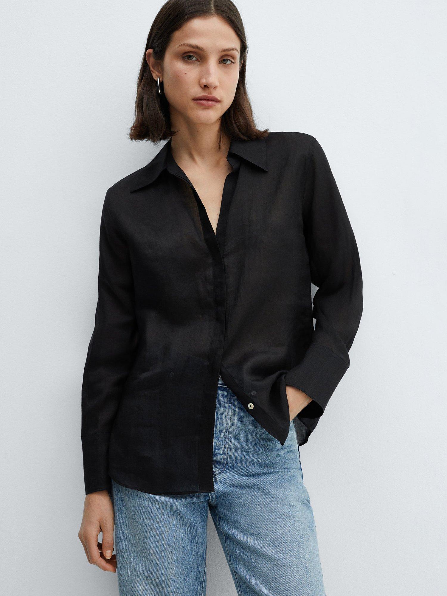 Mango Long Sleeve Satin Shirt, Black
