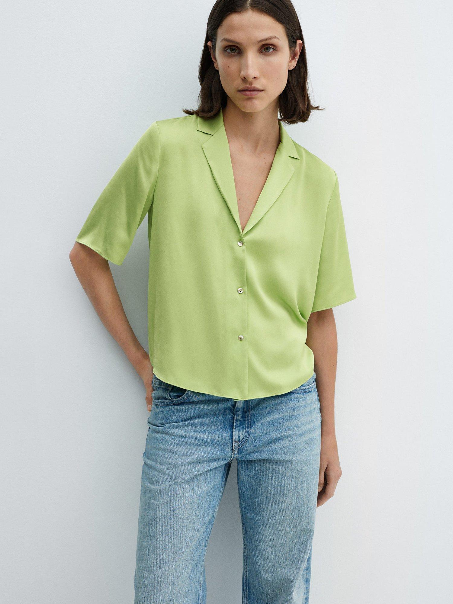 Mango Short Sleeve Satin Shirt, Green