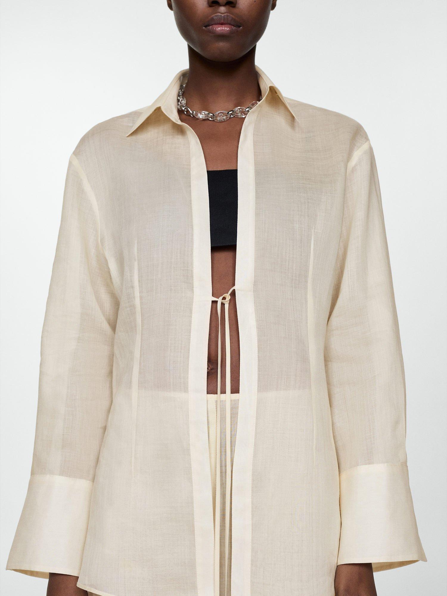 Mango Manu Tie Fastening Shirt, Light Beige