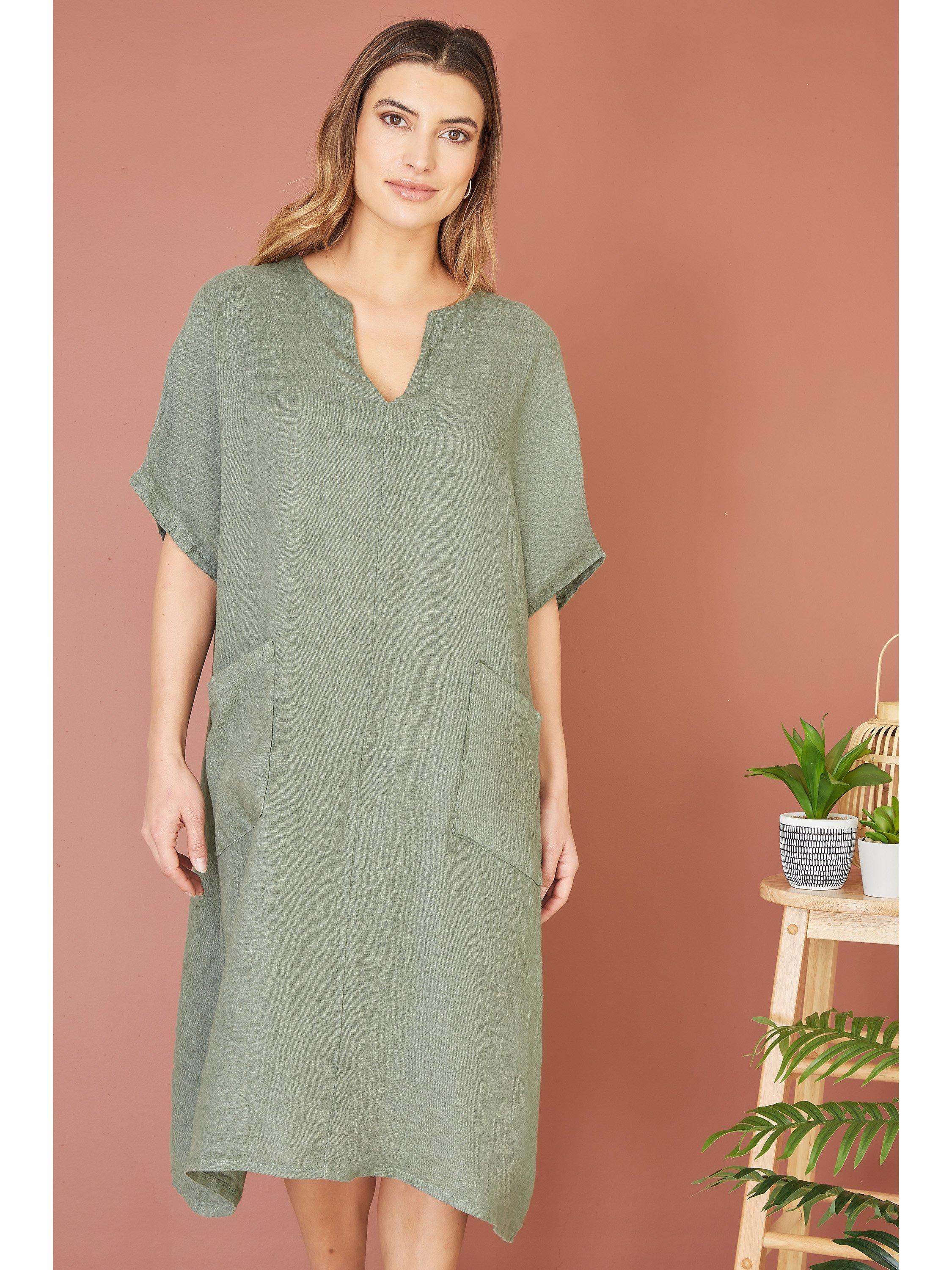 Product image 1 of 4, which shows Yumi Italian Linen Tunic Dress, Khaki, S
