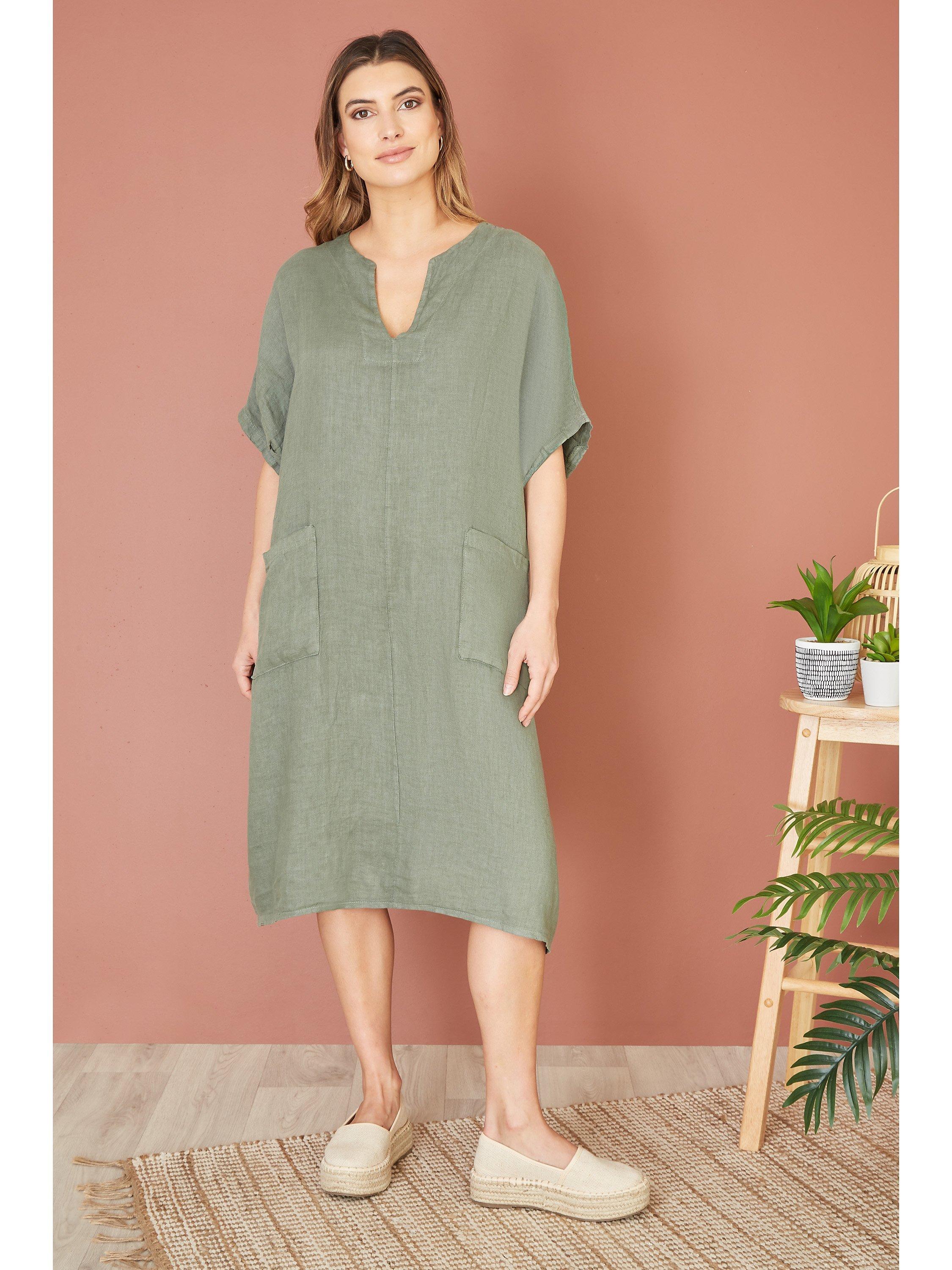 Product image 2 of 4, which shows Yumi Italian Linen Tunic Dress, Khaki, S