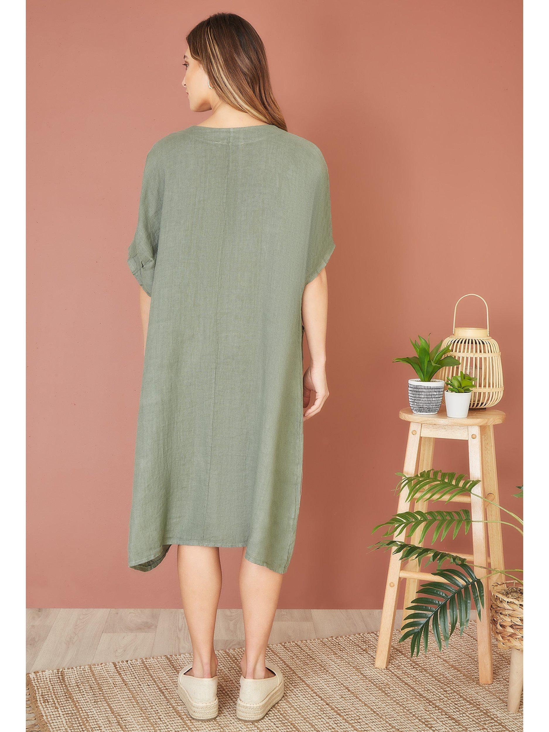 Product image 3 of 4, which shows Yumi Italian Linen Tunic Dress, Khaki, S