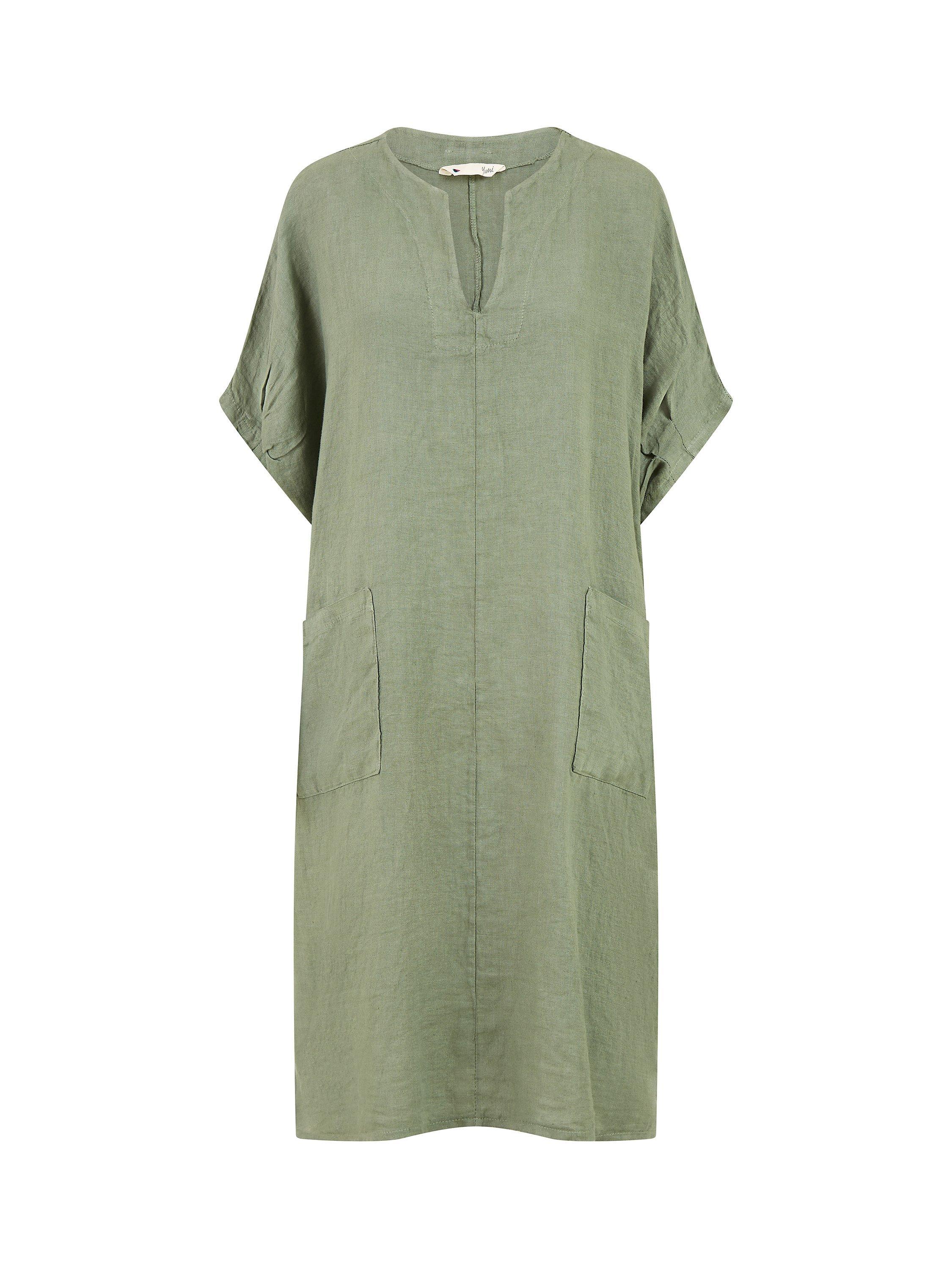 Product image 4 of 4, which shows Yumi Italian Linen Tunic Dress, Khaki, S