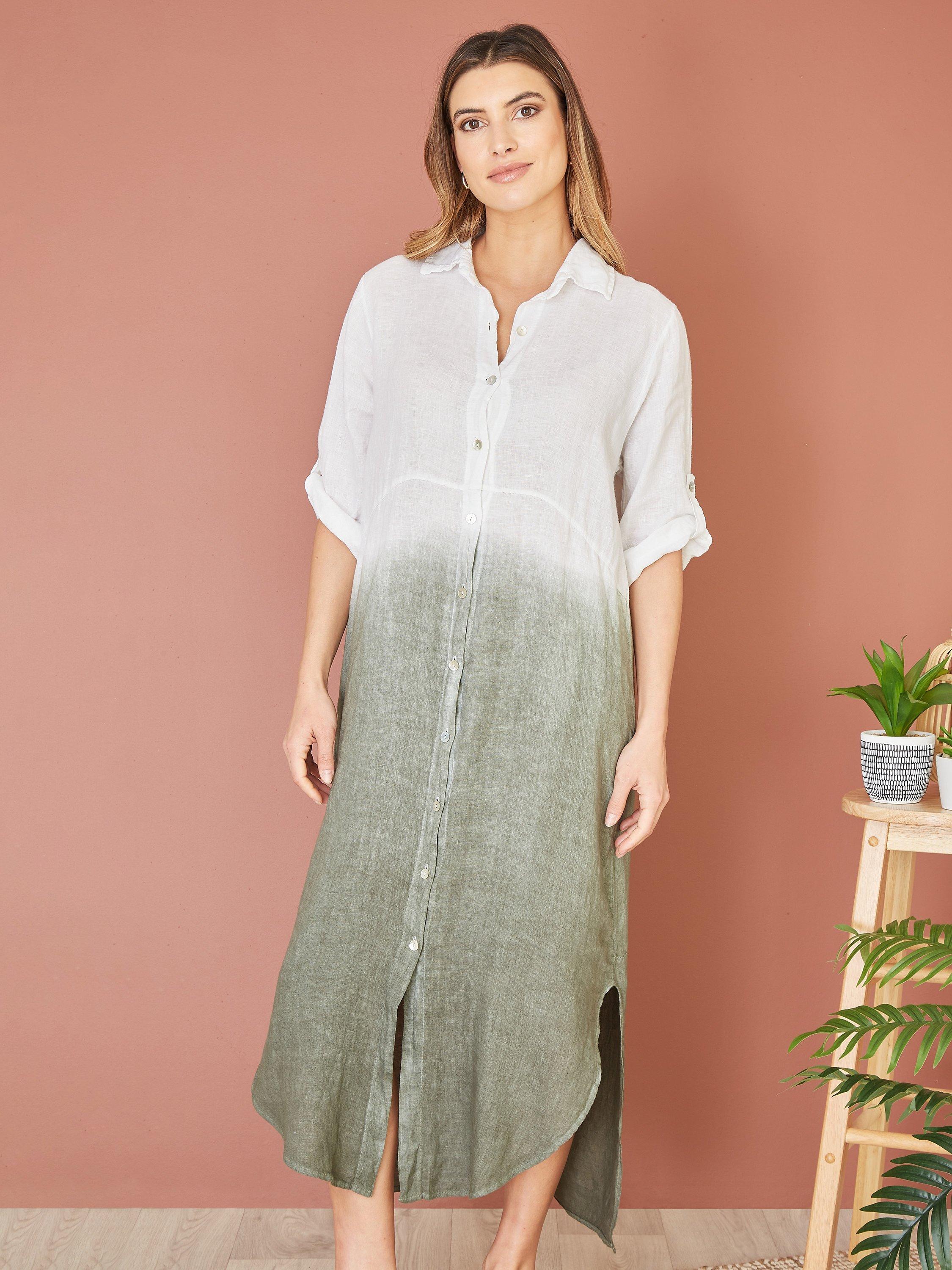 Product image 1 of 4, which shows Yumi Italian Linen Dip Dye Midi Shirt Dress, Khaki/White, S-M